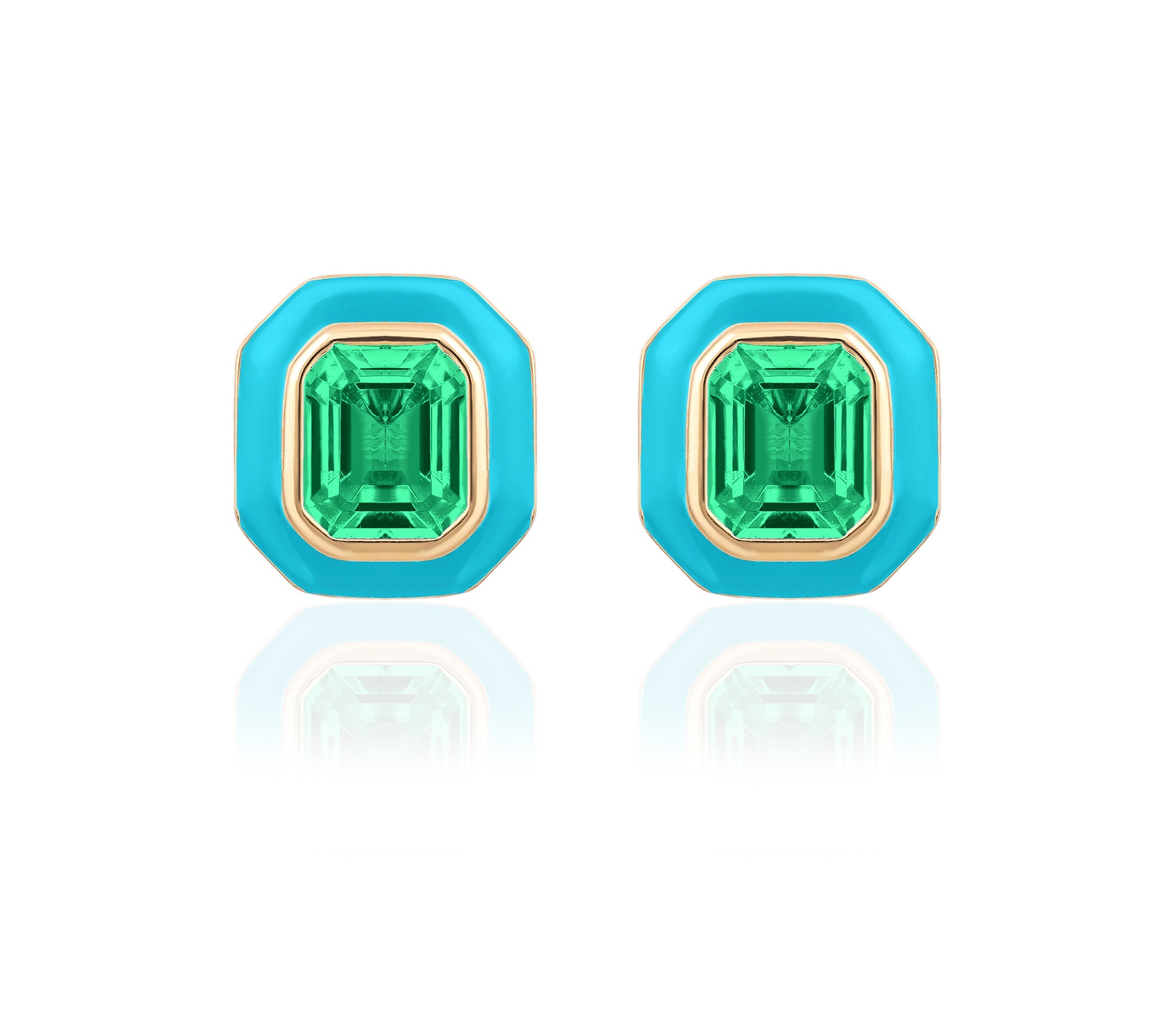 Square Emerald-Cut Earrings with Enamel Stud Earrings Goshwara Emerald Turq Enamel