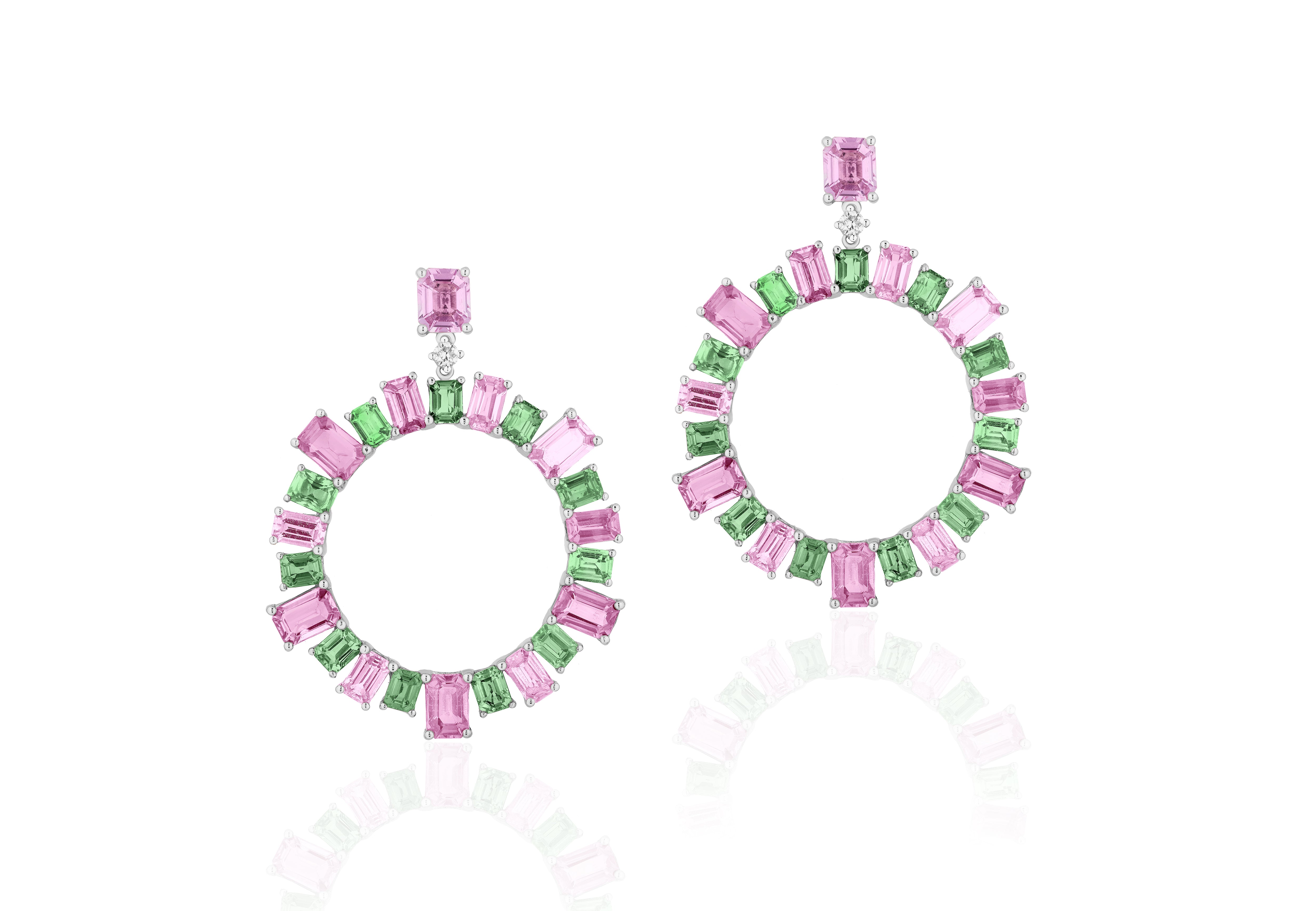 Pink Sapphire and Green Garnet Hoop Earrings Statement Goshwara   