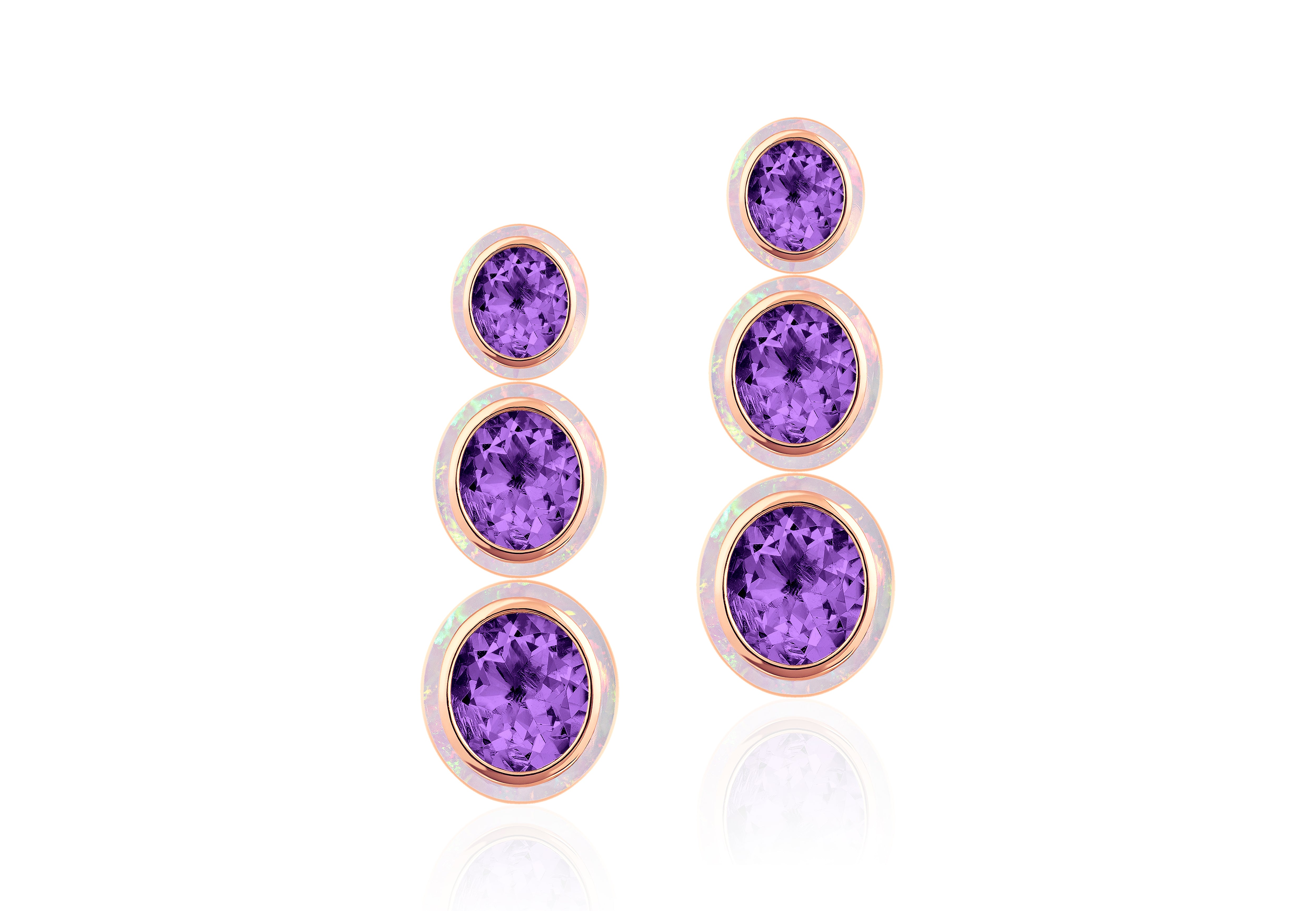 Oval Shape Amethyst and Pink Opal Three Tiered Earring Drop Earrings Goshwara   