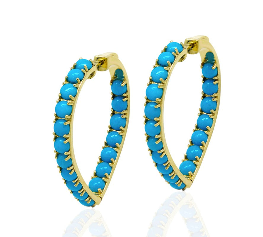 Turquoise Cabachon Heart Hoops Hoop Earrings Goshwara   