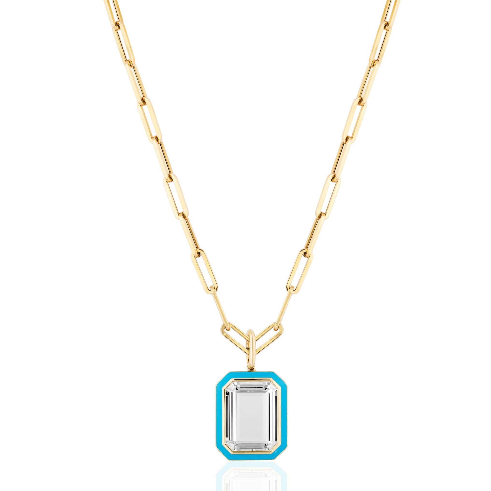 Rock Crystal Emerald-Cut Necklace with Turquoise Enamel Pendant Goshwara   