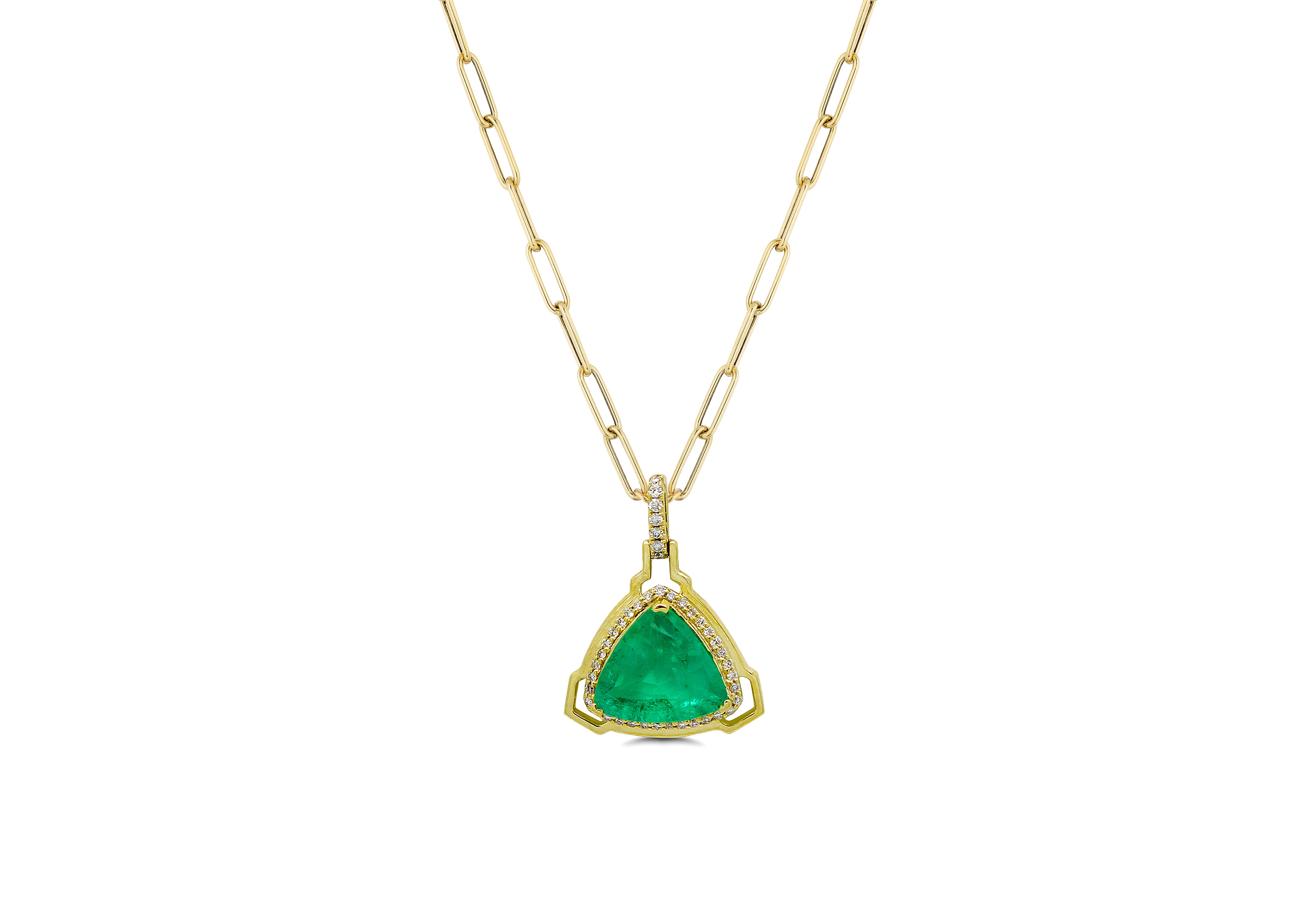 Triangular Shape Emerald Pendant with Diamonds Pendant Goshwara   