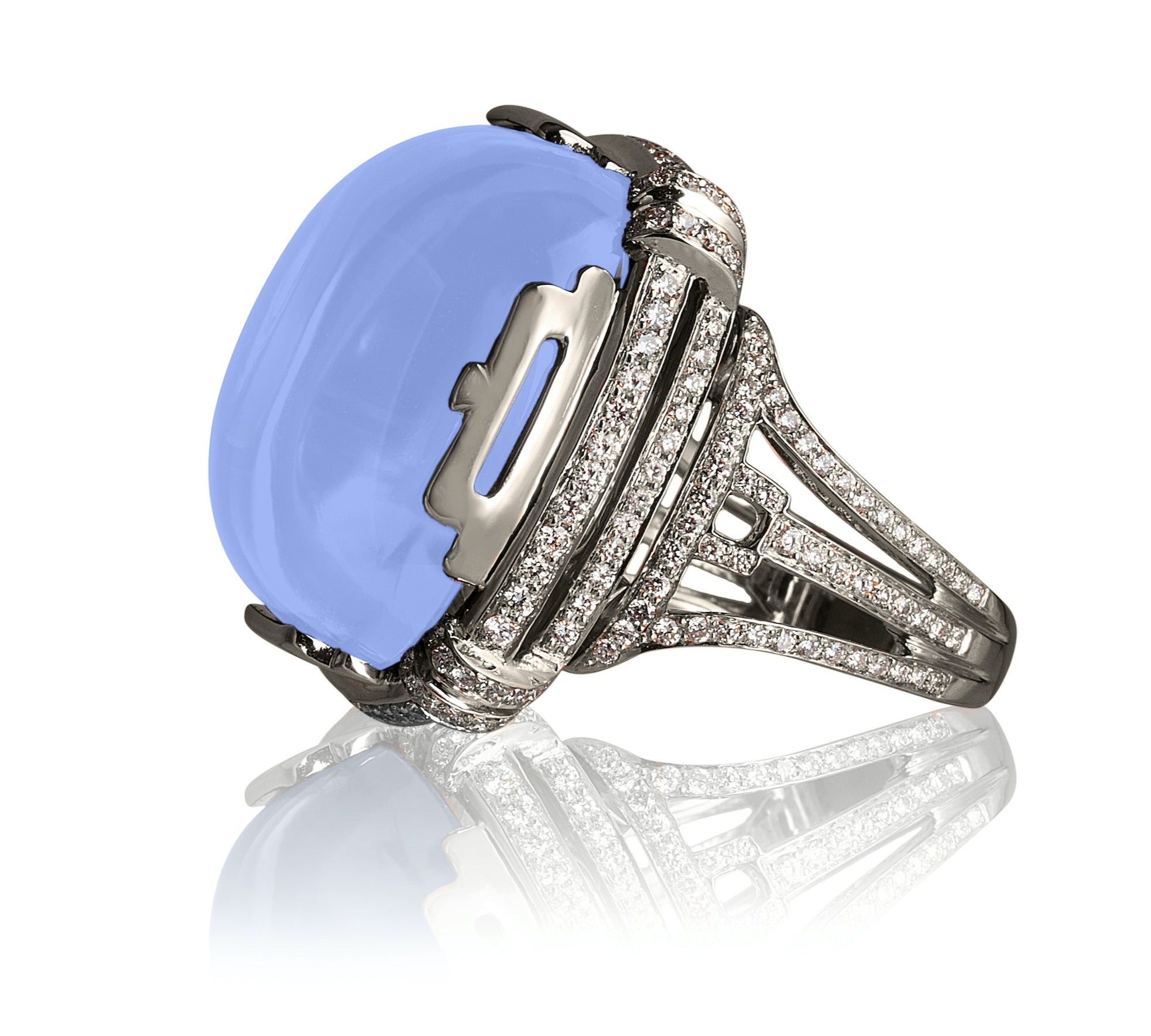 Large Cushion Chalcedony Ring with Diamonds Statement Ring Goshwara