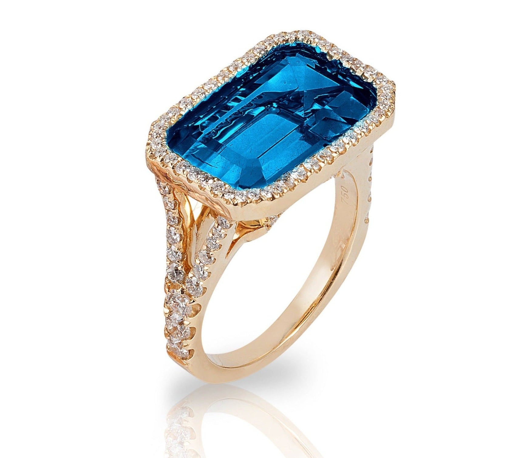 East-West Emerald-Cut Ring with Diamonds Cocktail Ring Goshwara London Blue Topaz YGold