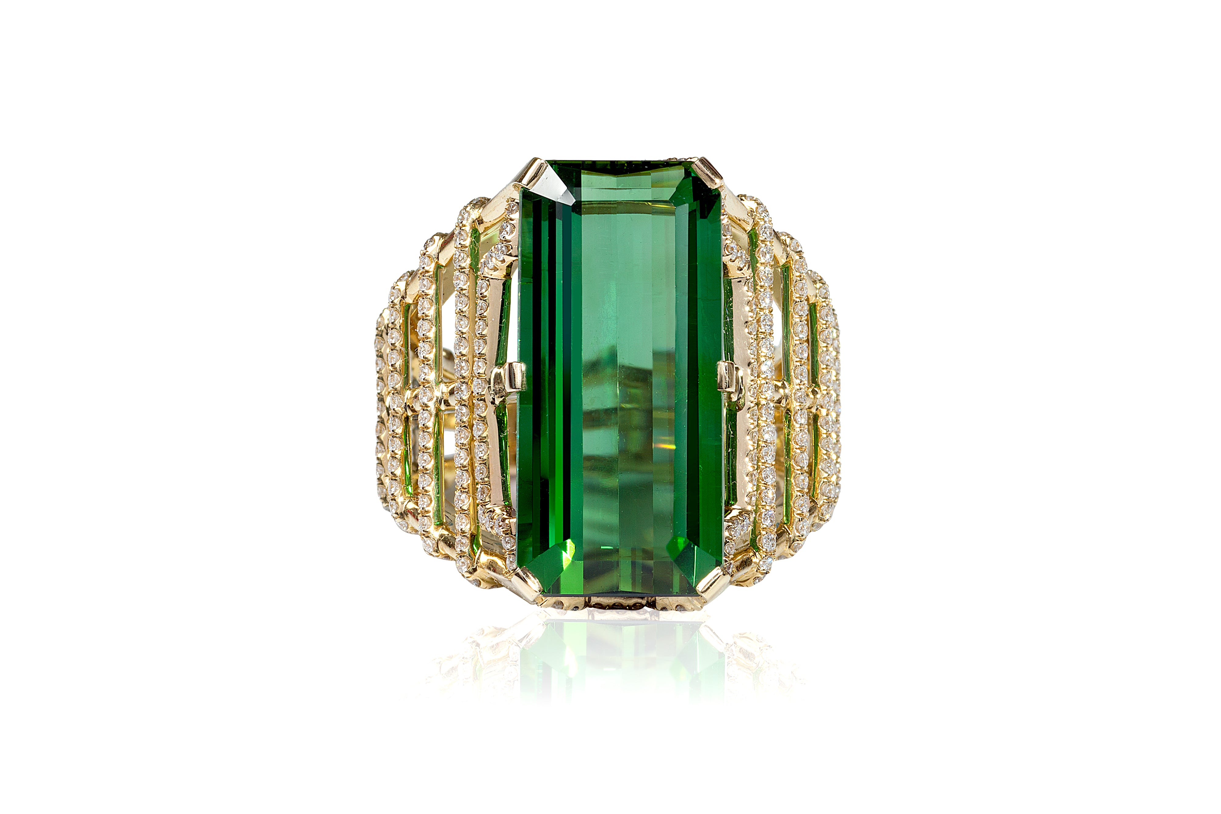 Emerald Cut Green Tourmaline and Diamond Ring Statement Ring Goshwara   