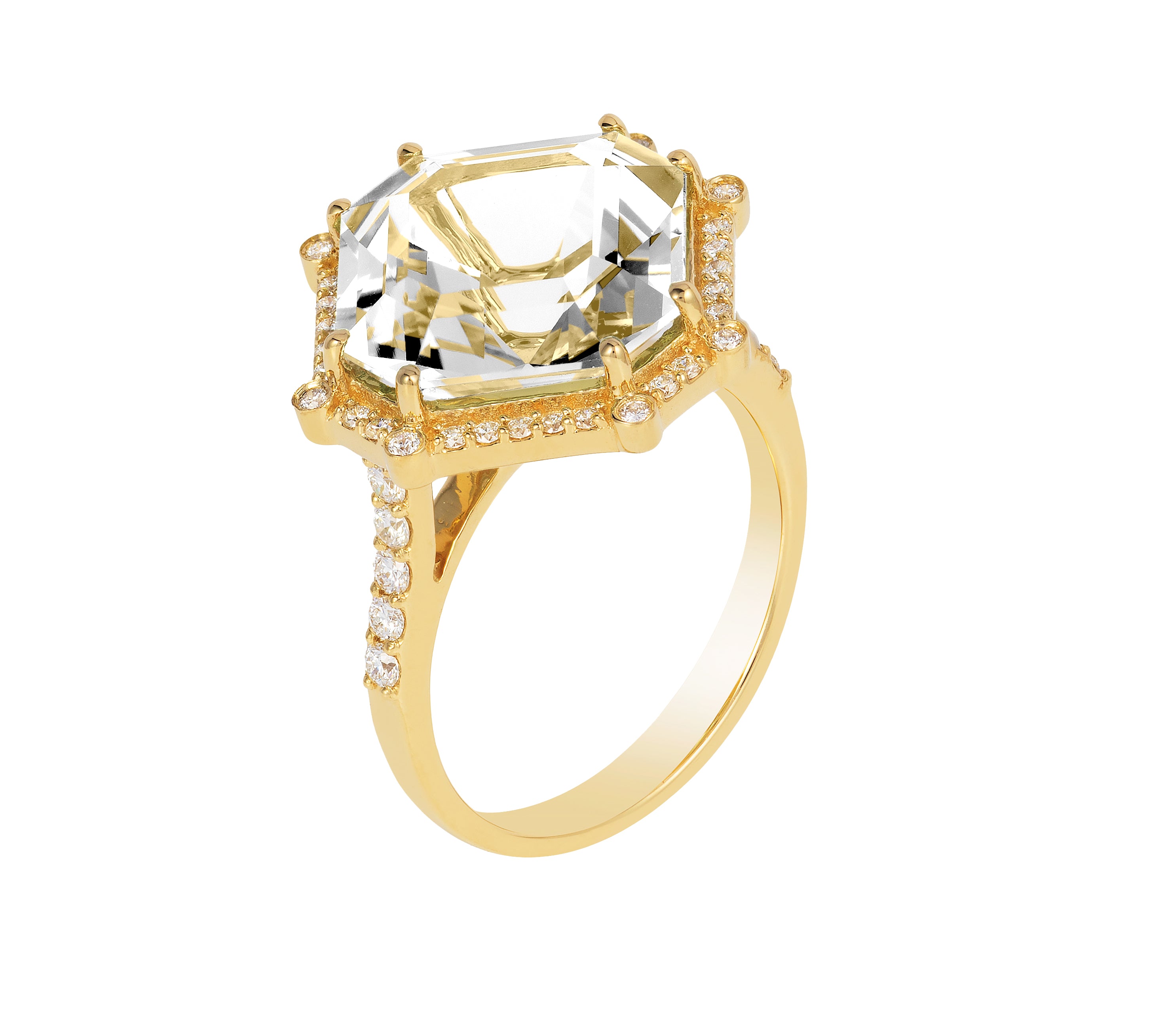 Rock Crystal Octagon Ring with Diamonds Cocktail Goshwara   
