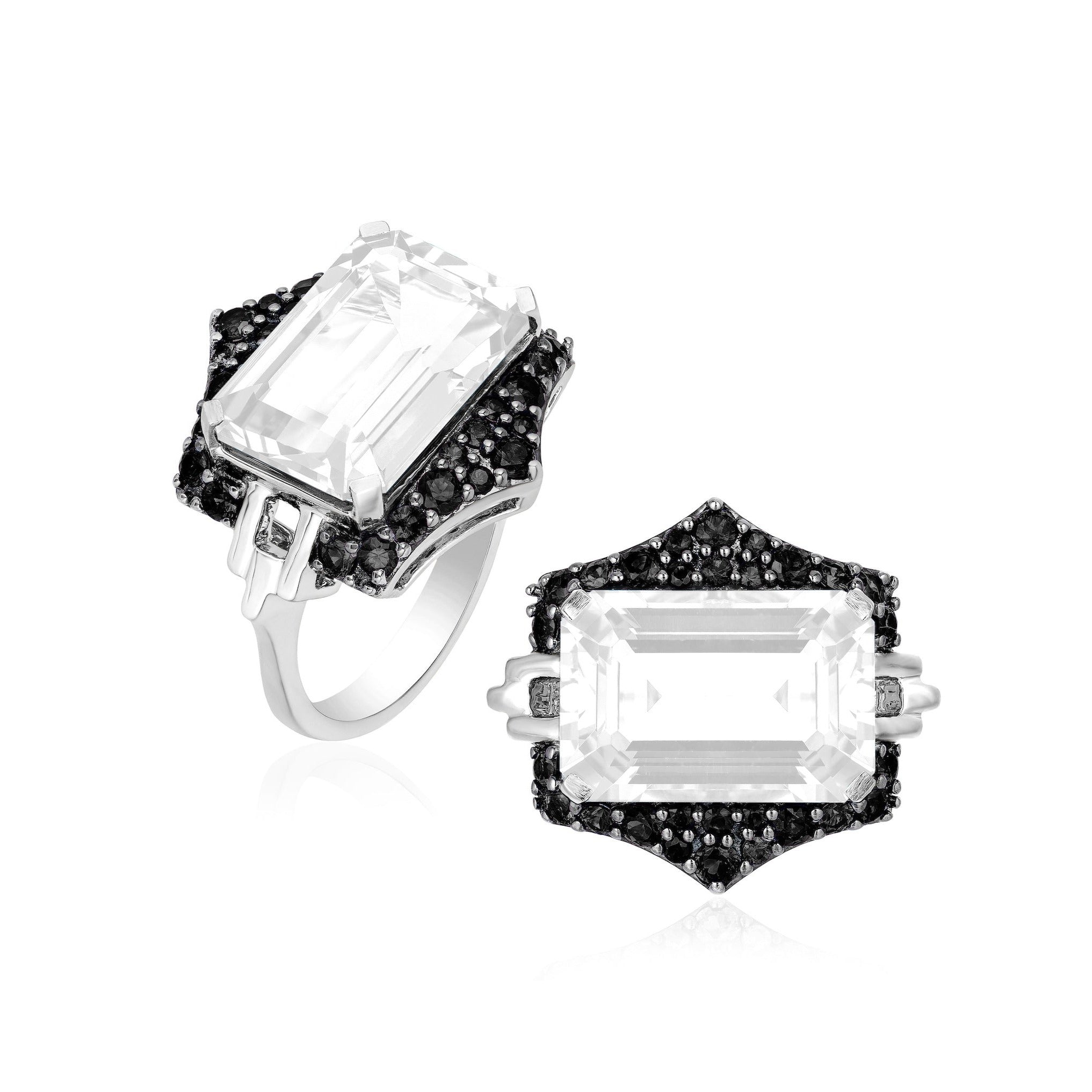 Moon Quartz Emerald-Cut Ring with Black Diamonds Cocktail Goshwara 6  