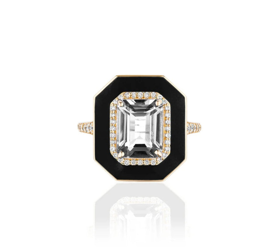 Emerald-Cut Halo Enamel Ring Cocktail Ring Goshwara