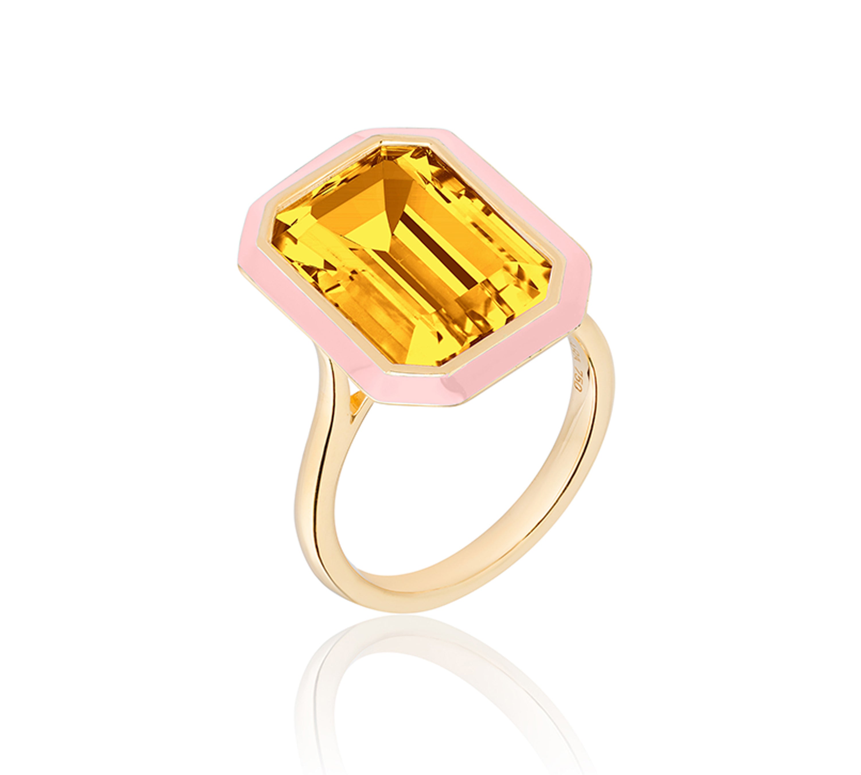 Citrine Emerald-Cut Ring with Pink Enamel Ring Goshwara   