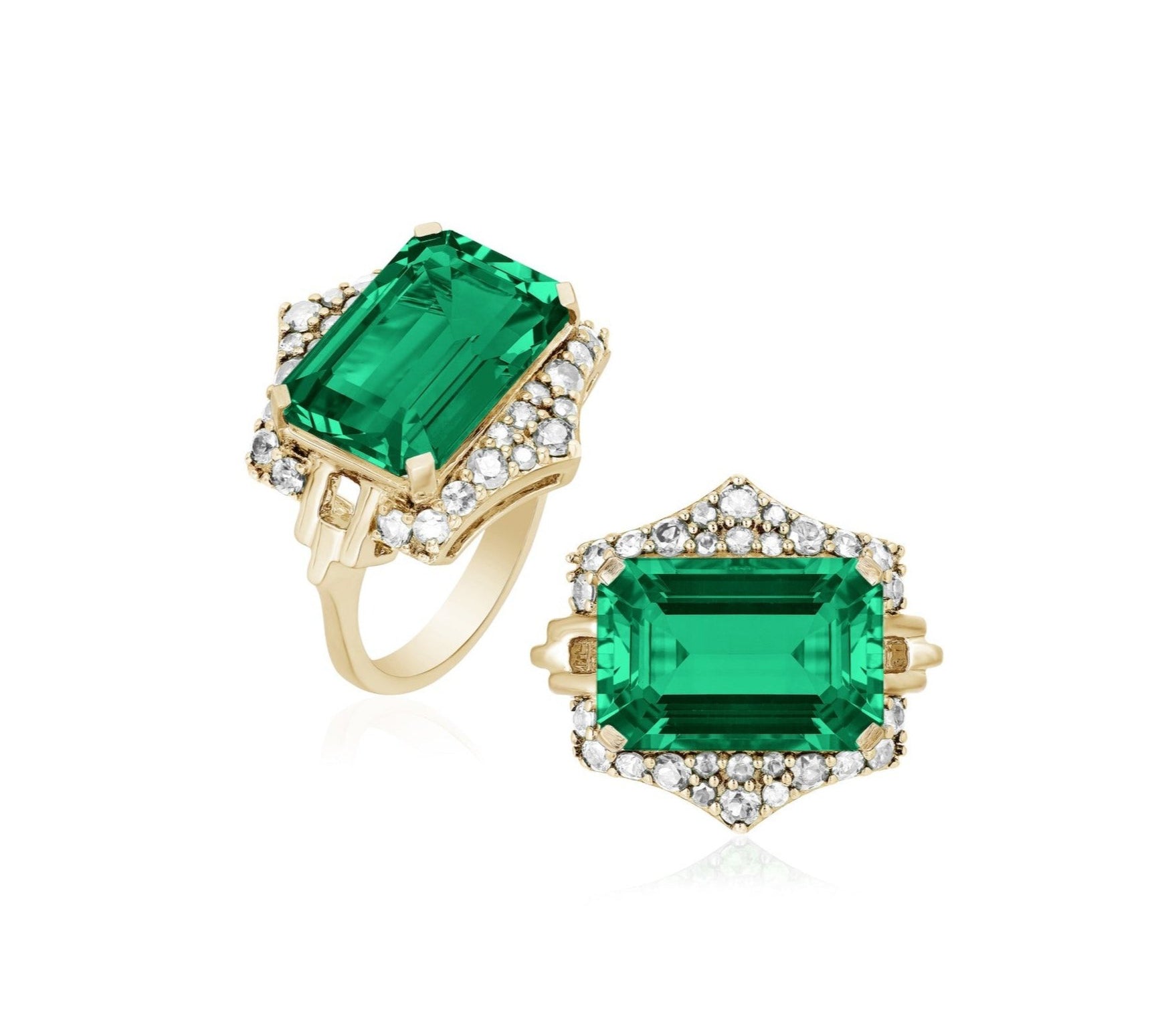 East-West Emerald Ring with Diamonds Cocktail Ring Goshwara