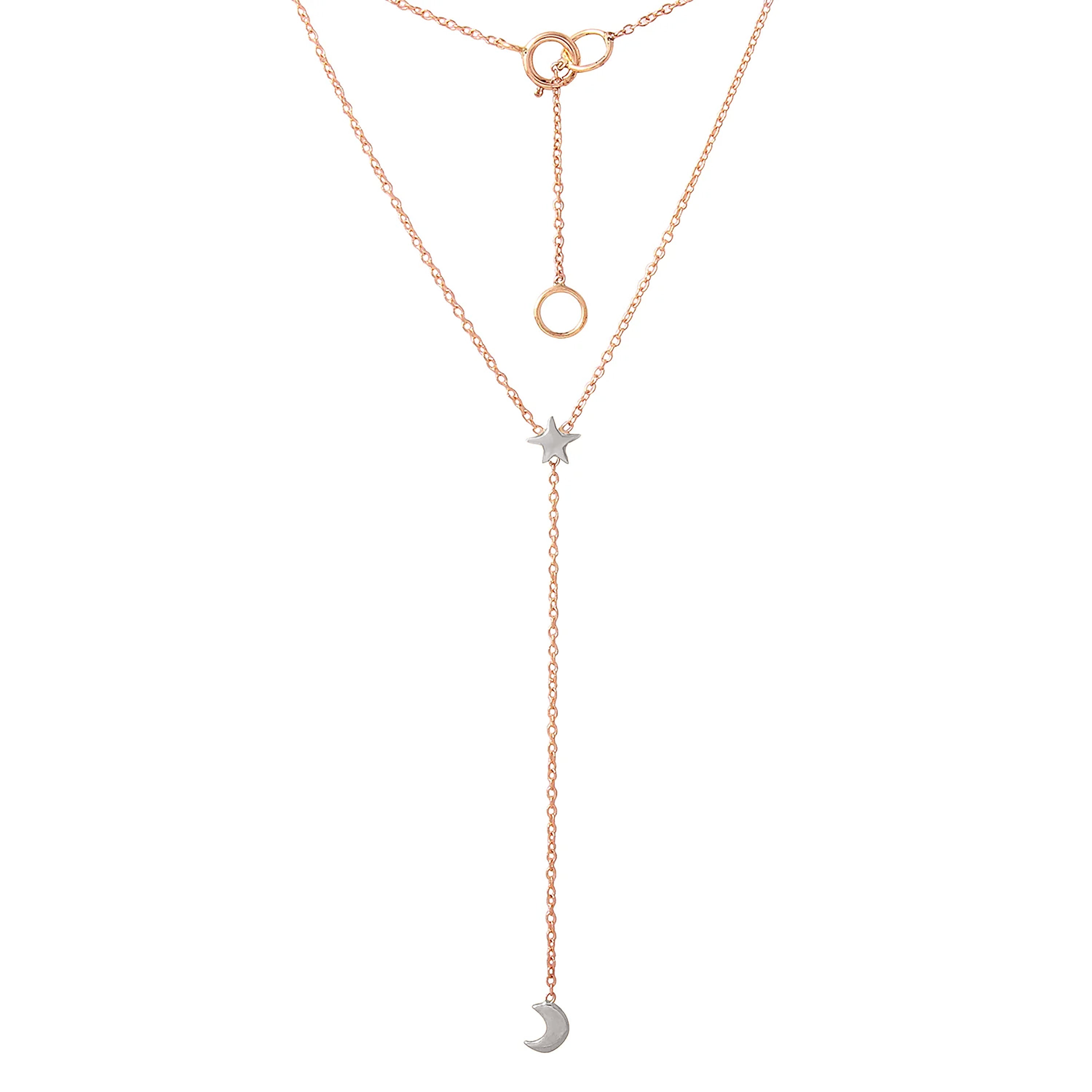 Moon and Star Rosary Necklace Lariat Necklace Jaine K Designs Rose Gold / White Gold