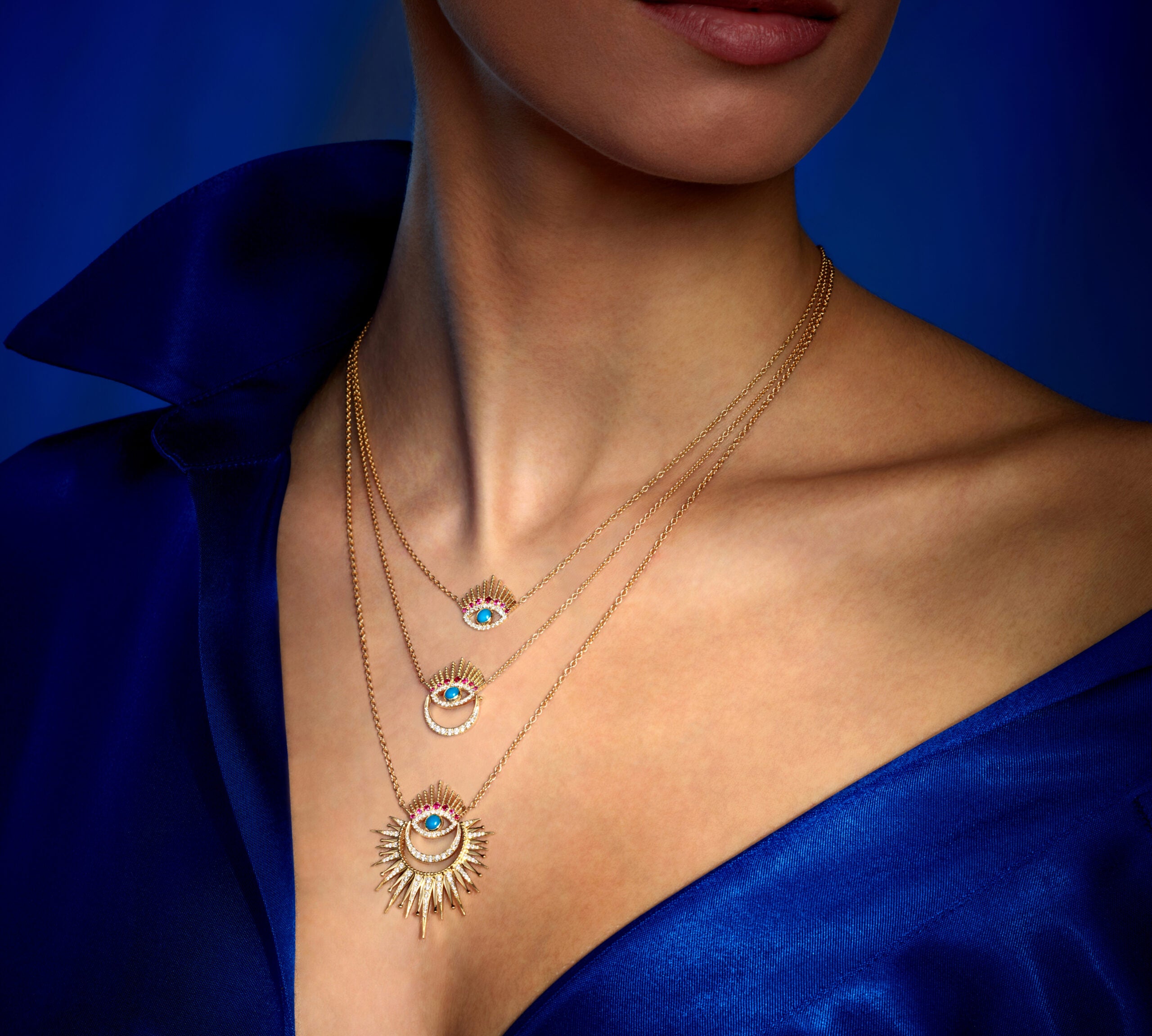 Serene Night-Moon Evil Eye Necklace with Diamonds Pendant Falamank   