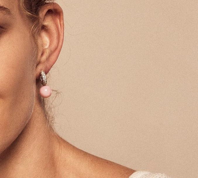 Pave Mini Hoop with Pink Opal, Medium Hoop Earrings Akaila Reid   