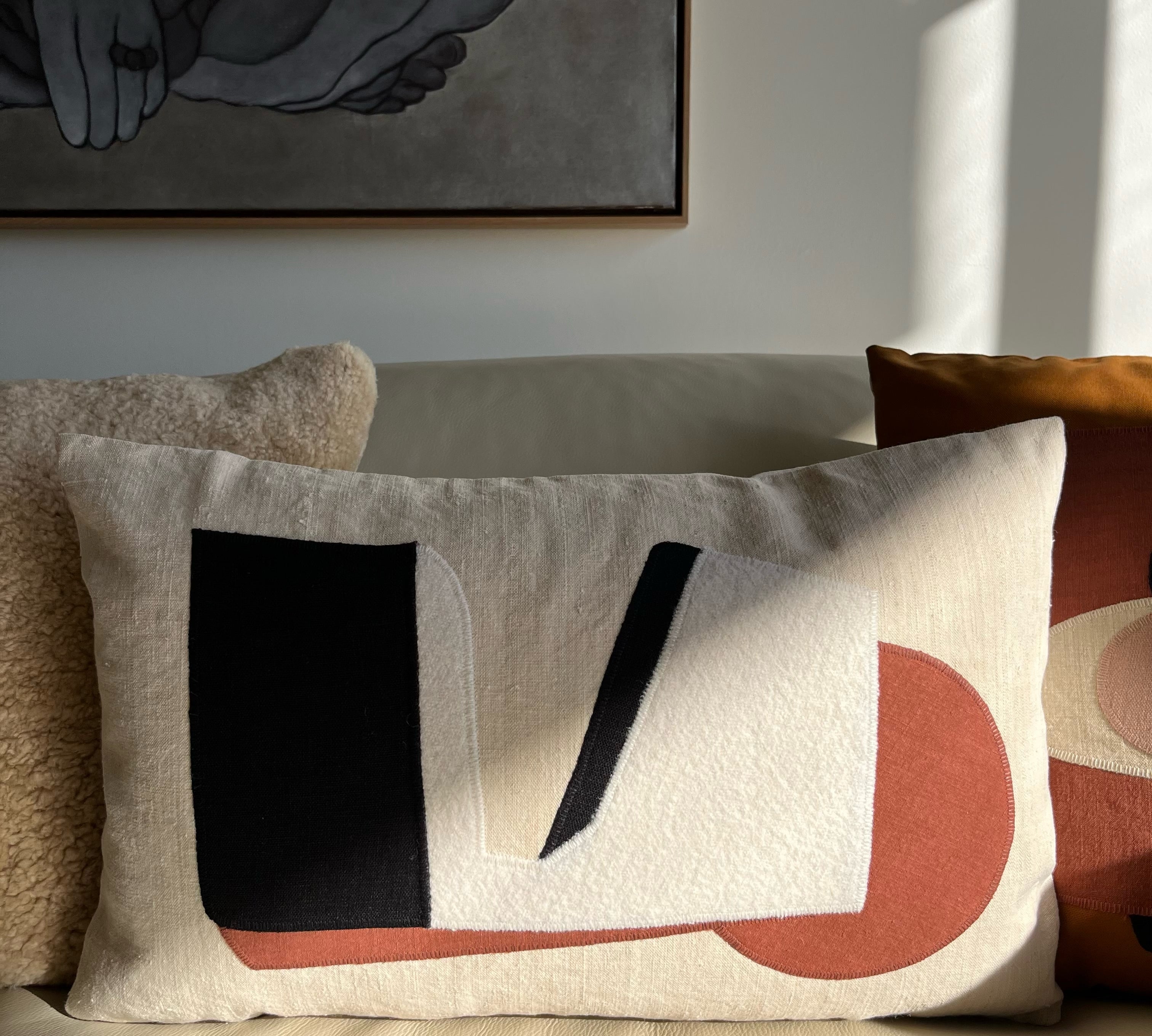 Black and Brown Handmade Patchwork Lumbar Pillow Pillows Raphaële Malbec   