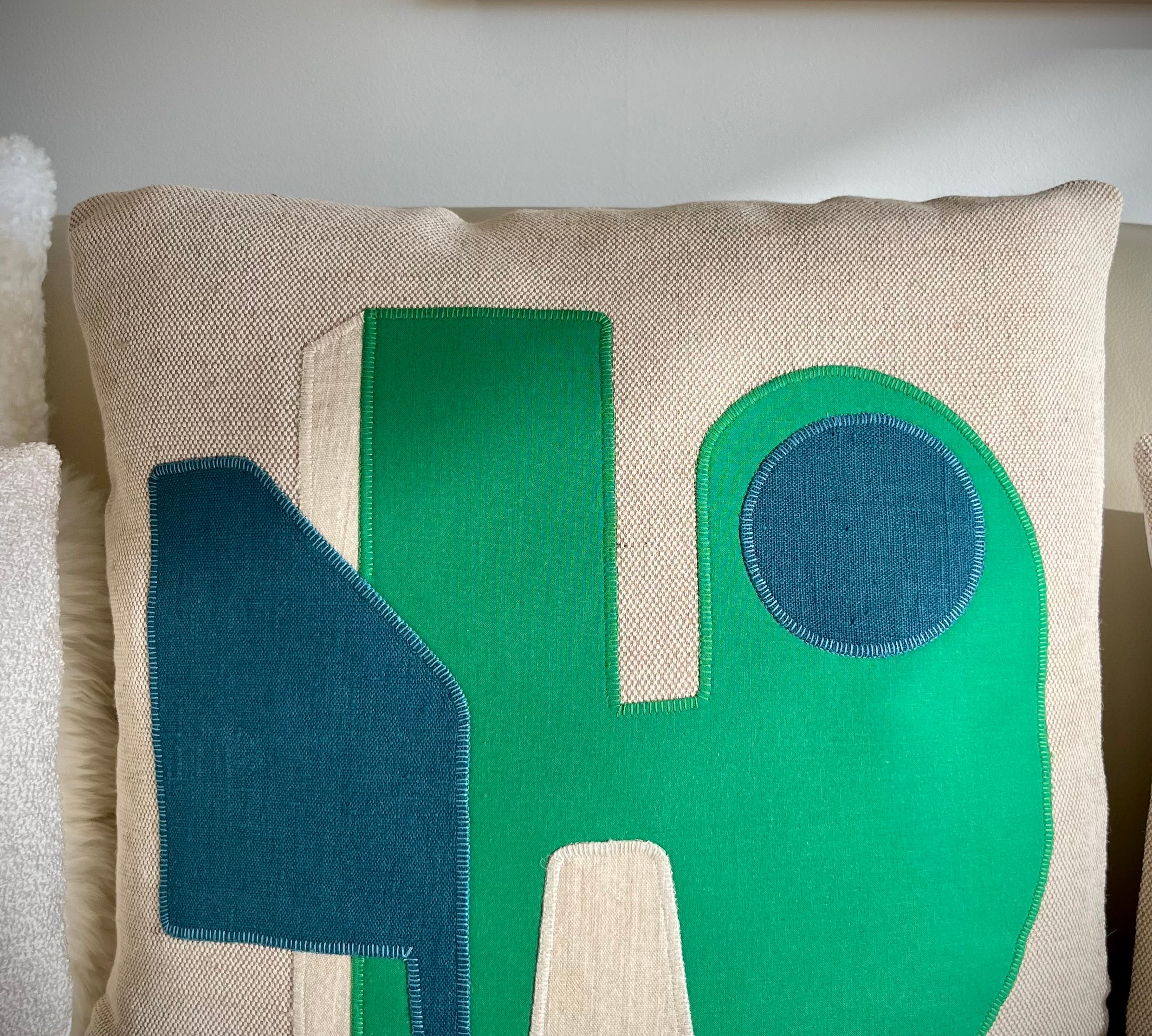 Blue and Green Handmade Patchwork Square Pillow Pillows Raphaële Malbec   