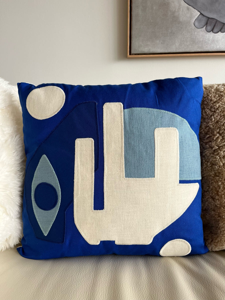 Blue Square Handmade Patchwork Pillow Pillows Raphaële Malbec   