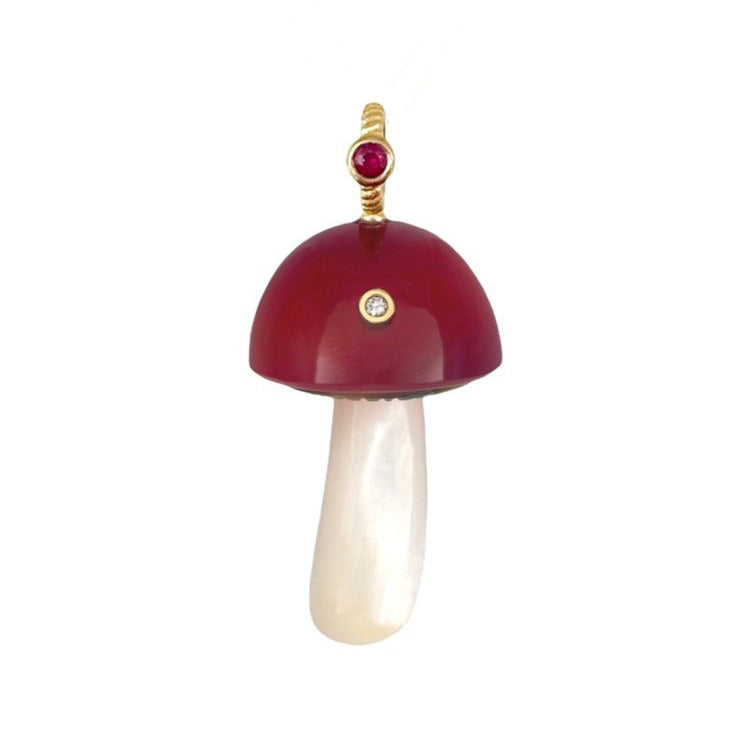 Chalcedony Mushroom with Bezel Stones Charm Maura Green Red with Ruby + Diamond  