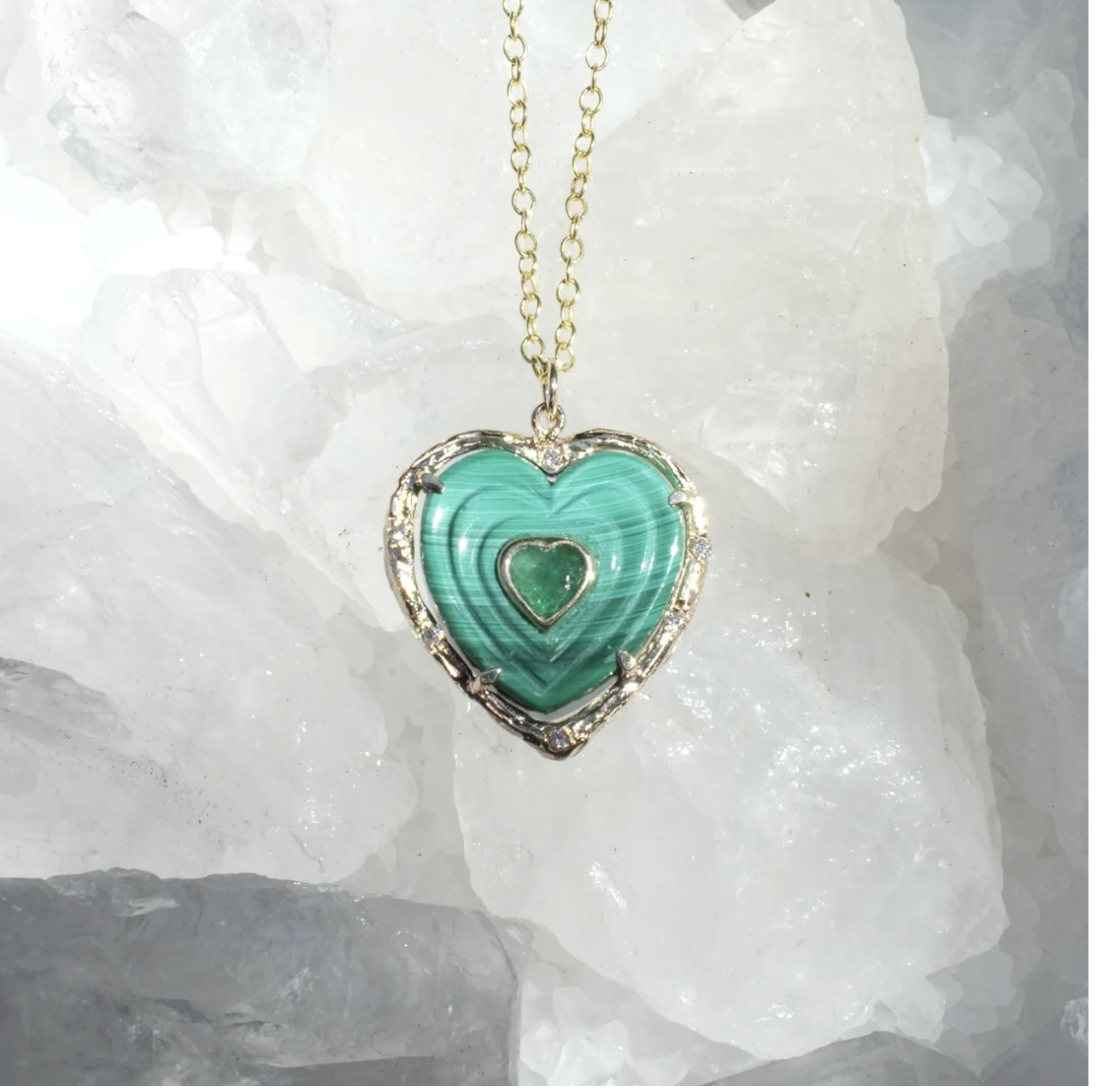 Double Heart Necklace Pendant Elisabeth Bell Jewelry Malachite/Emerald  