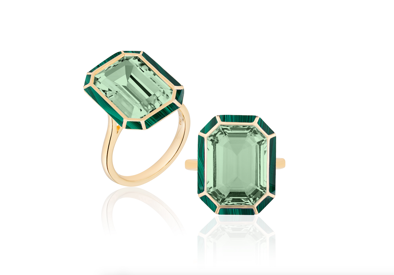 Prasiolite and Malachite Inlay Emerald Cut Ring Cocktail Ring Goshwara   