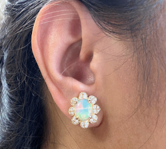 Opal Cabochon Stud Earrings with Diamonds Stud Earrings Goshwara