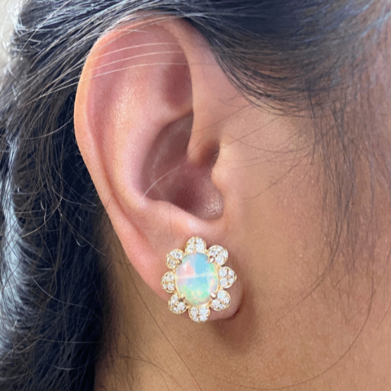 Opal Cabochon Stud Earrings with Diamonds Stud Earrings Goshwara