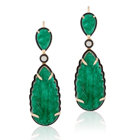 G-One Carved Emerald Leaf Earrings Drop Earrings Goshwara