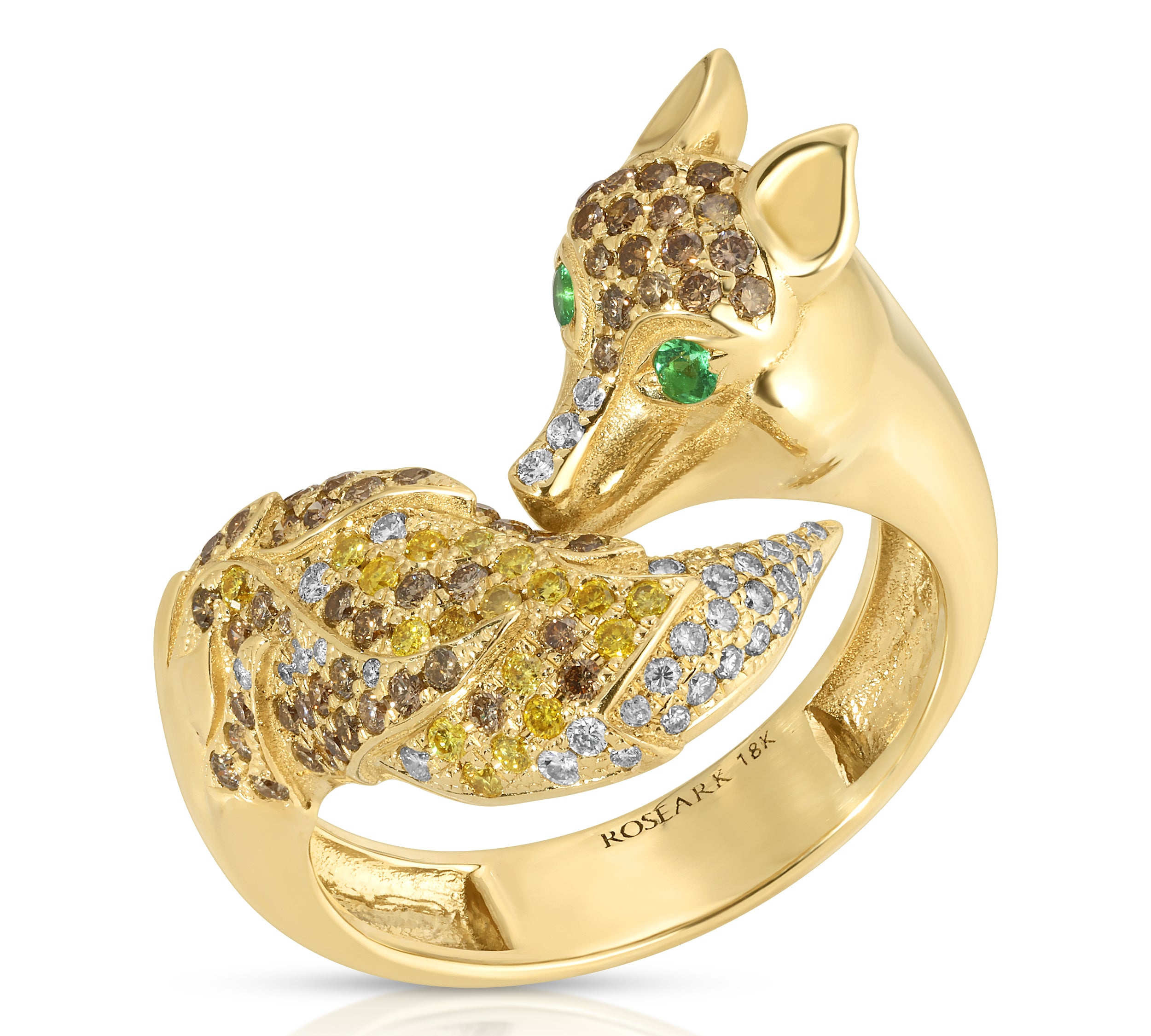 Diamond Fox Ring with Emerald Eyes Ring Roseark   