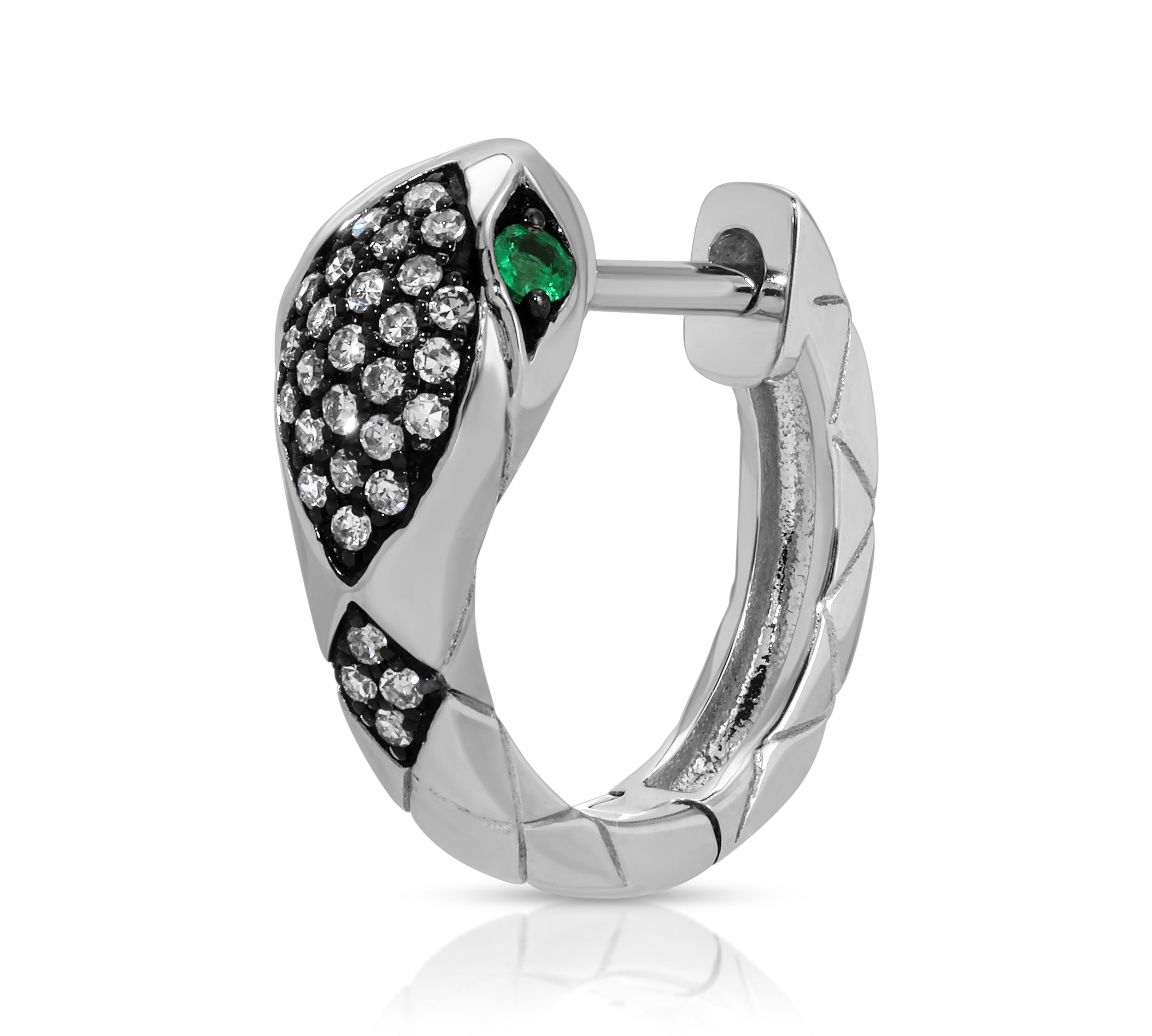 Engraved Diamond Snake Huggie with Emerald Eyes Huggie Earrings Roseark Deux   