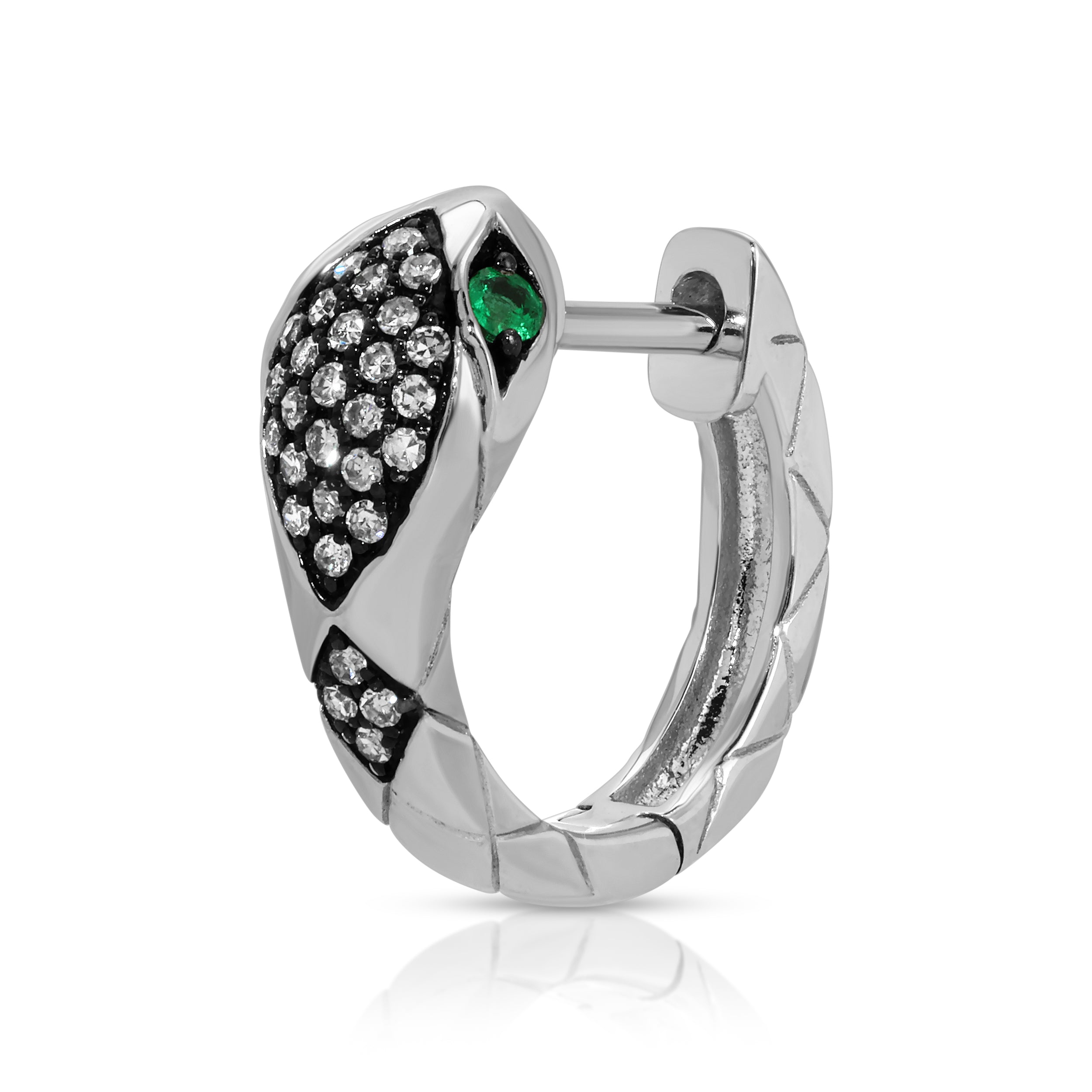 Engraved Diamond Snake Huggie with Emerald Eyes Huggie Earrings Roseark Deux   