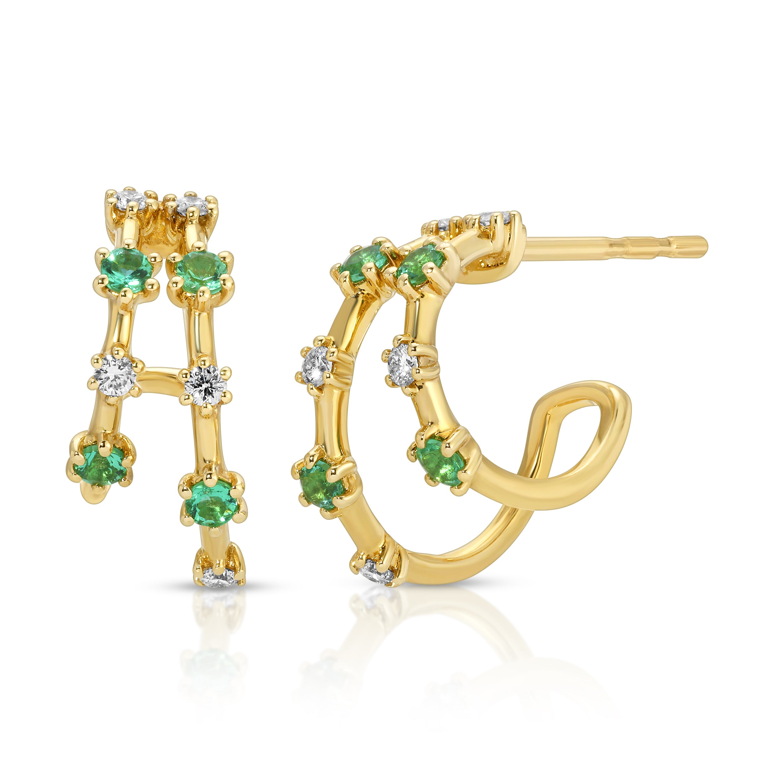 Stone Diamond Half-Huggie Hoop Hoops Earrings Roseark Deux Emerald+Diamond Pair 