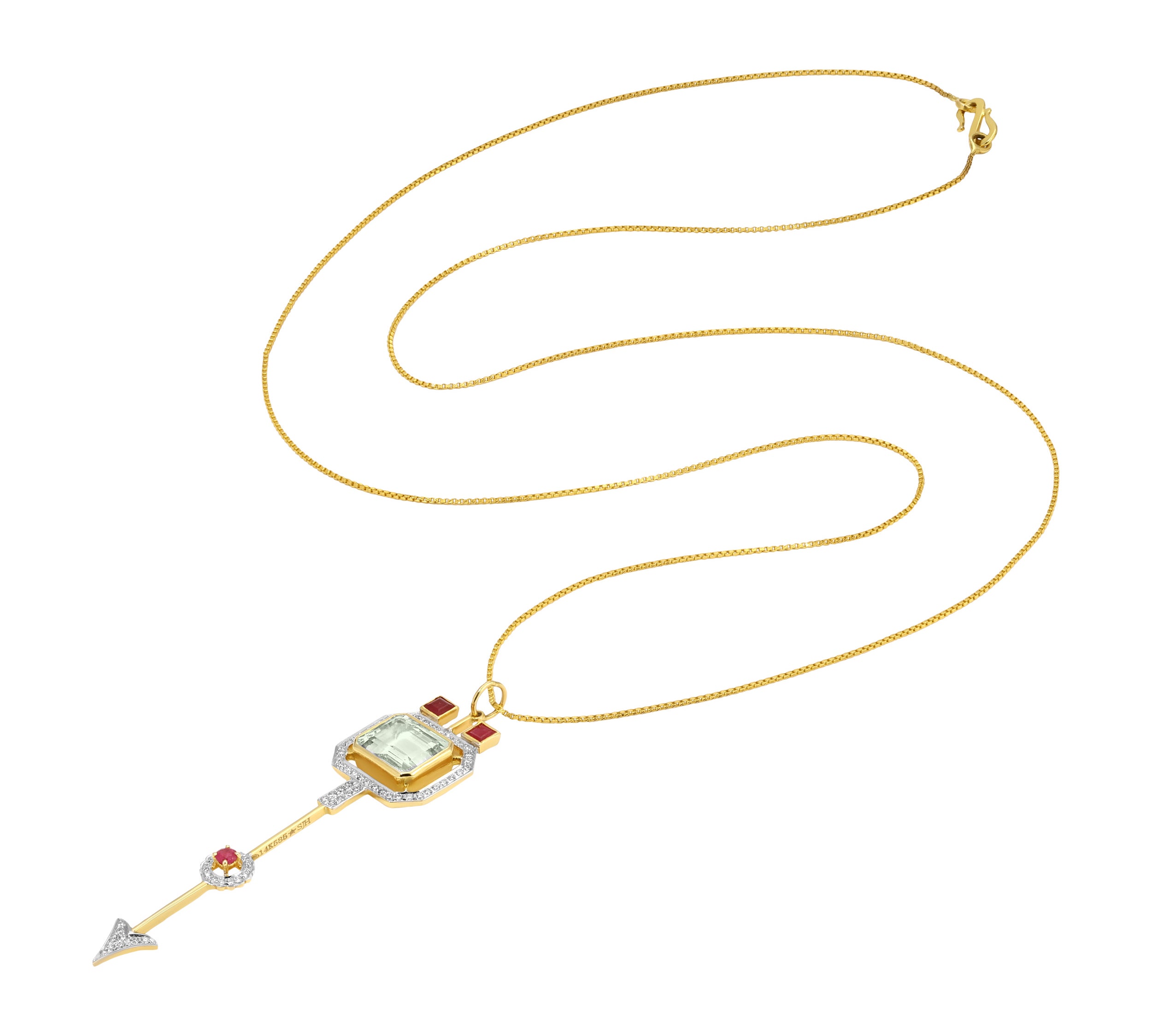 Aquamarine Ruby Arrow Pendant Necklace Pendant Hanut Singh   