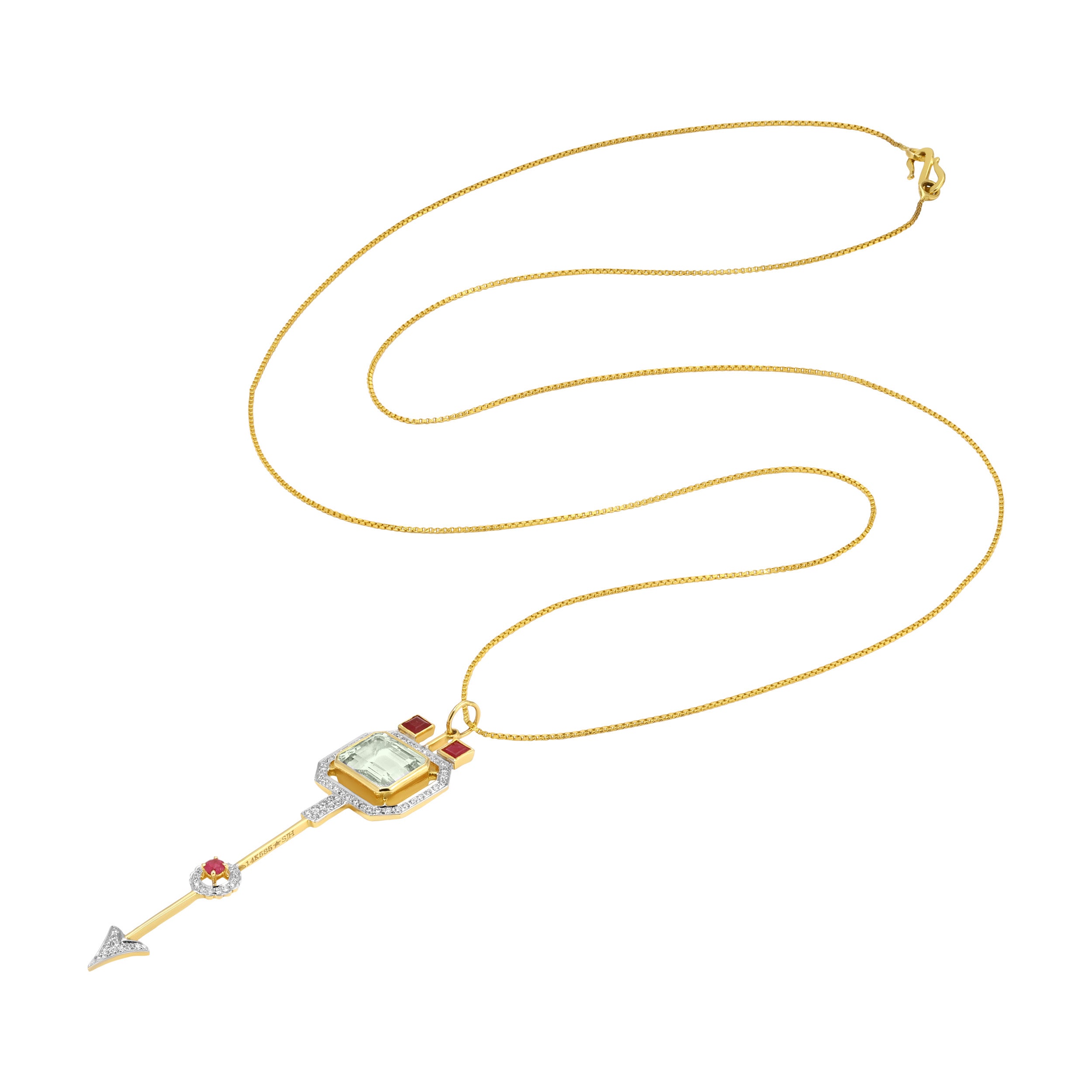 Aquamarine Ruby Arrow Pendant Necklace Pendant Hanut Singh   