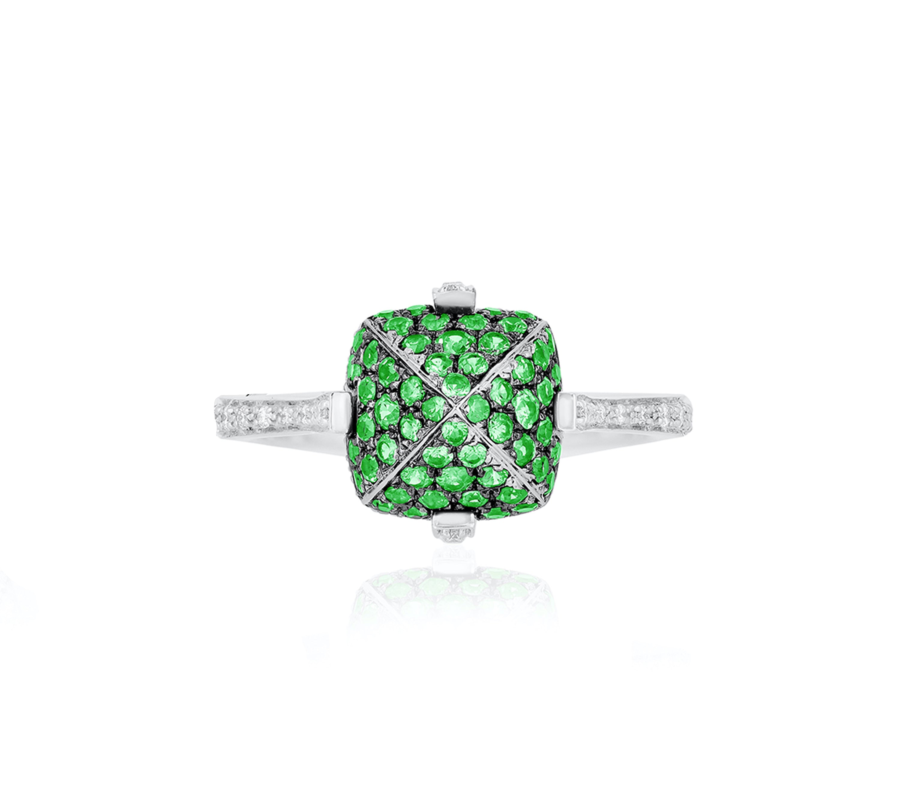 Pave Stone Sugarloaf Ring with Diamonds Cocktail Goshwara Tsavorite 6 