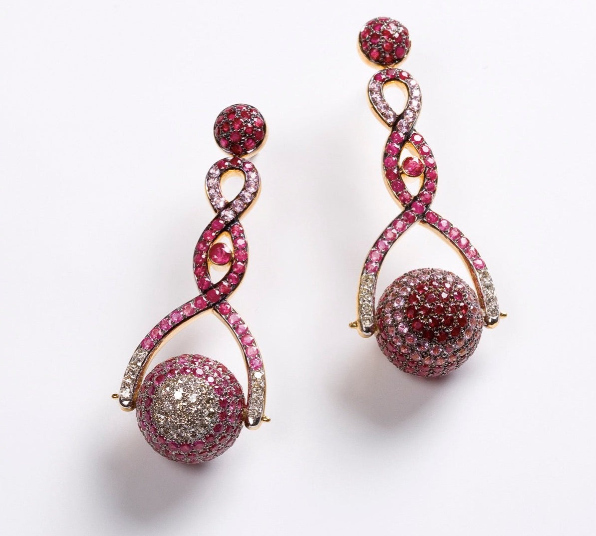 Pink Sapphire and Diamond Spinning Ball Earrings Statement Carolyn Rodney   