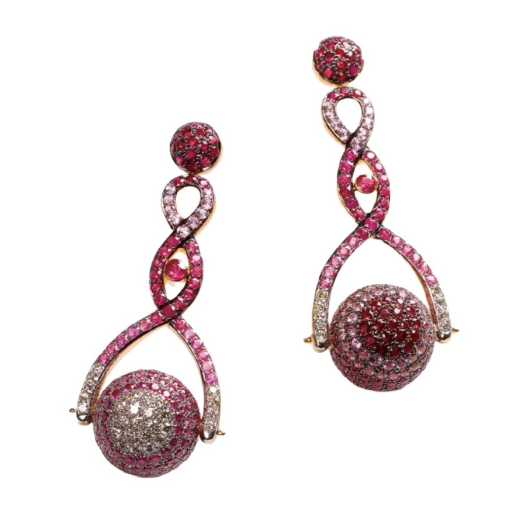 Ruby Pave Spinning Ball Drop Earrings Statement Carolyn Rodney   