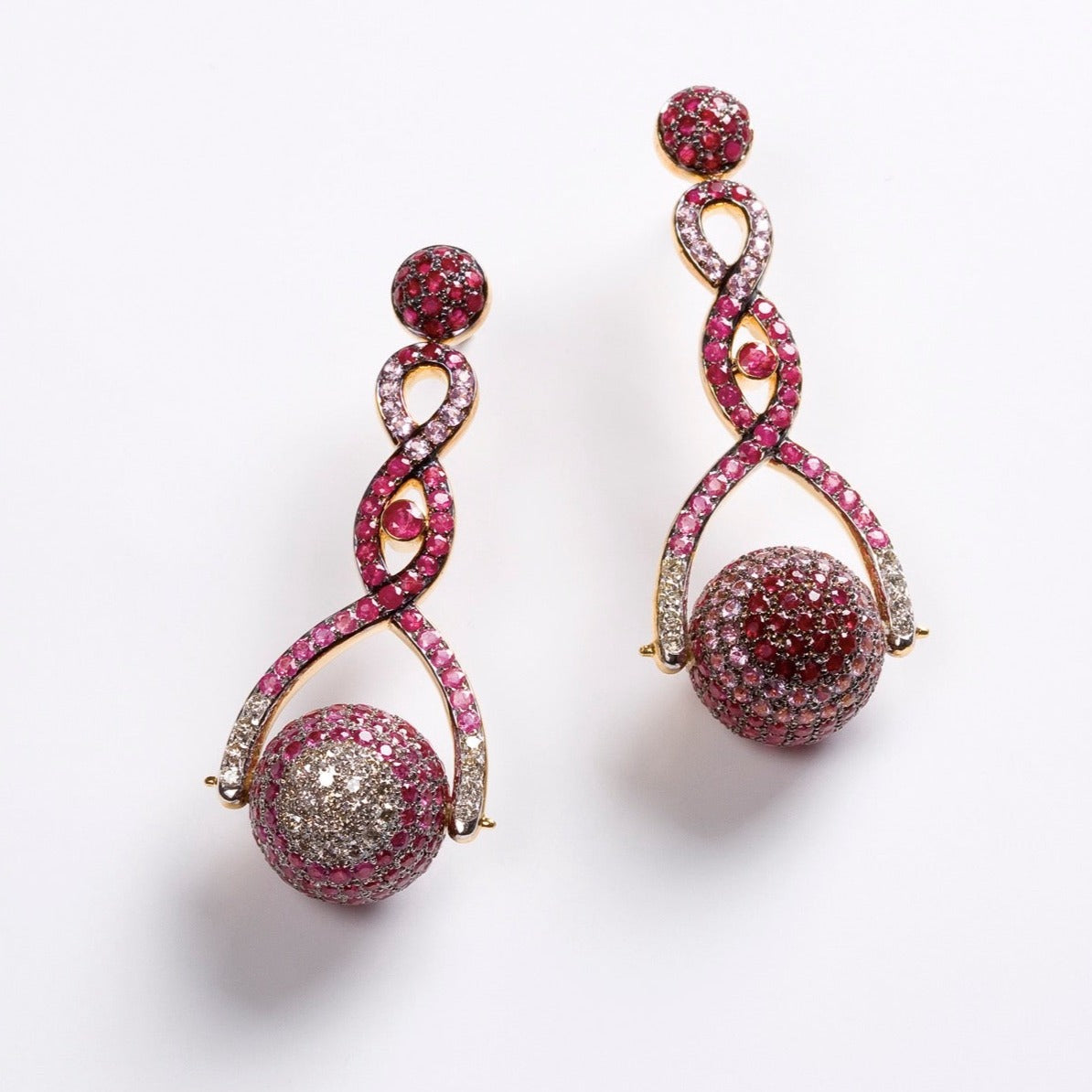 Pink Sapphire and Diamond Spinning Ball Earrings Statement Carolyn Rodney   
