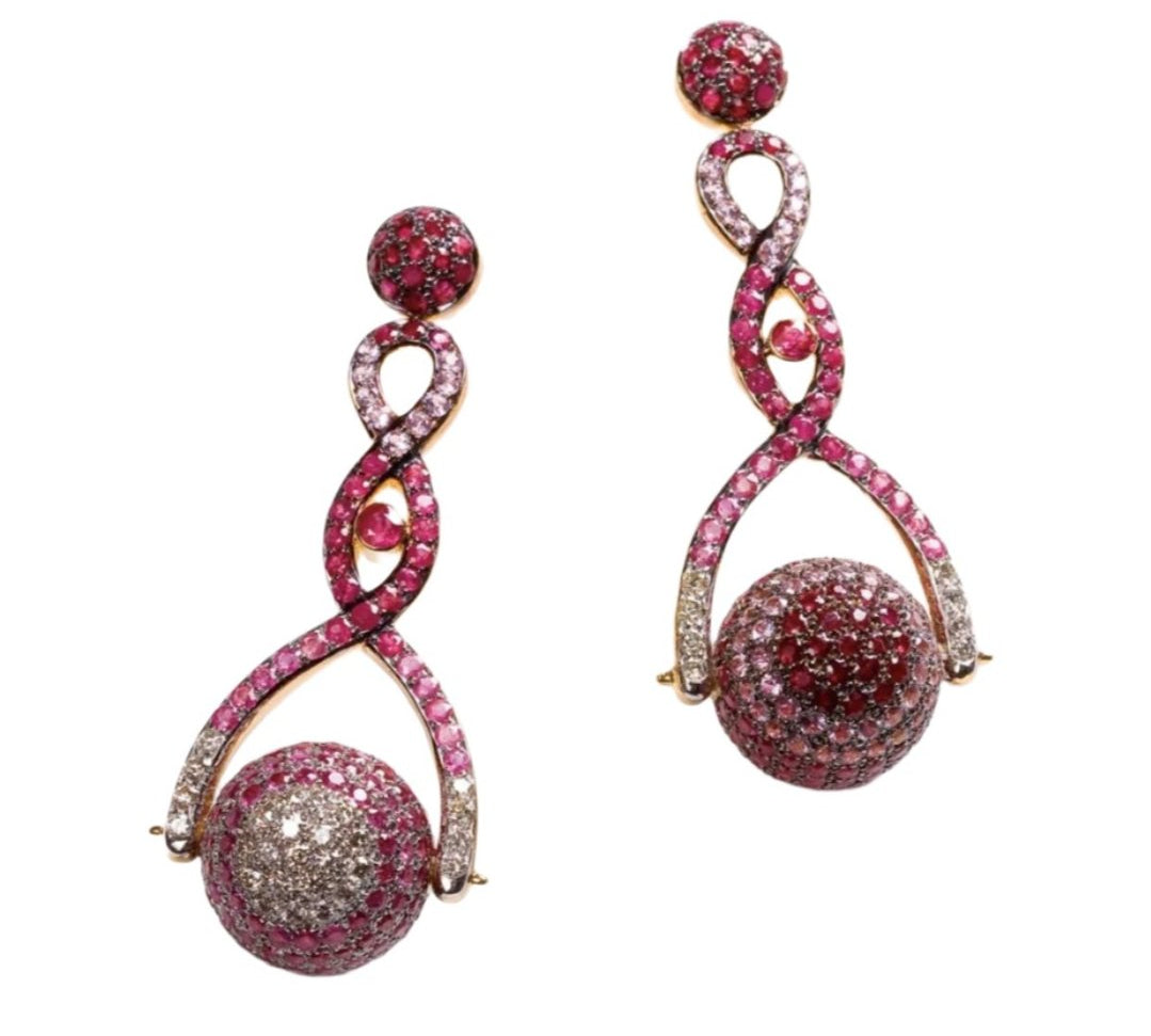 Ruby Pave Spinning Ball Drop Earrings Statement Carolyn Rodney   