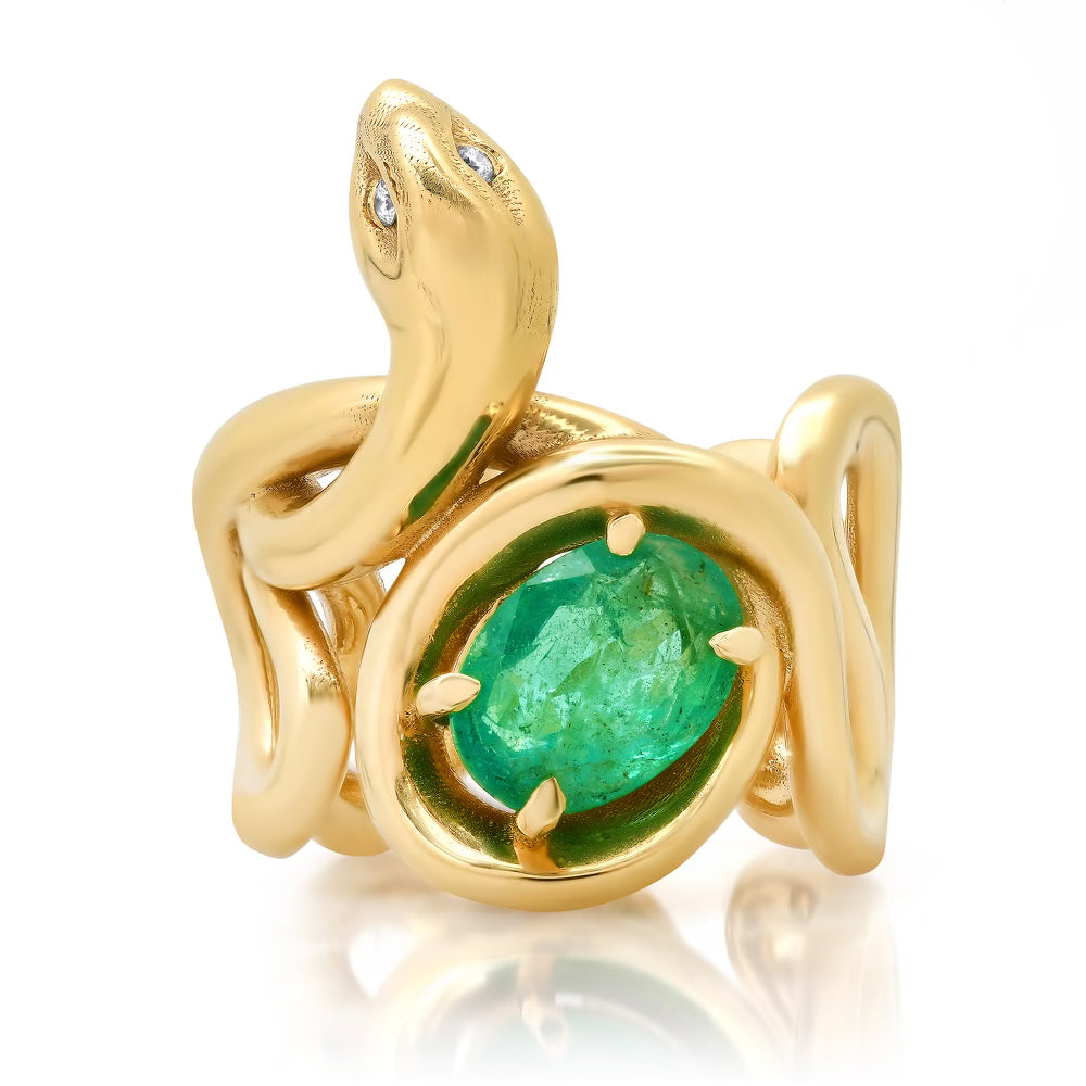 Stone Snake Ring with Diamond Eyes Statement Elisabeth Bell Jewelry Emerald 6 