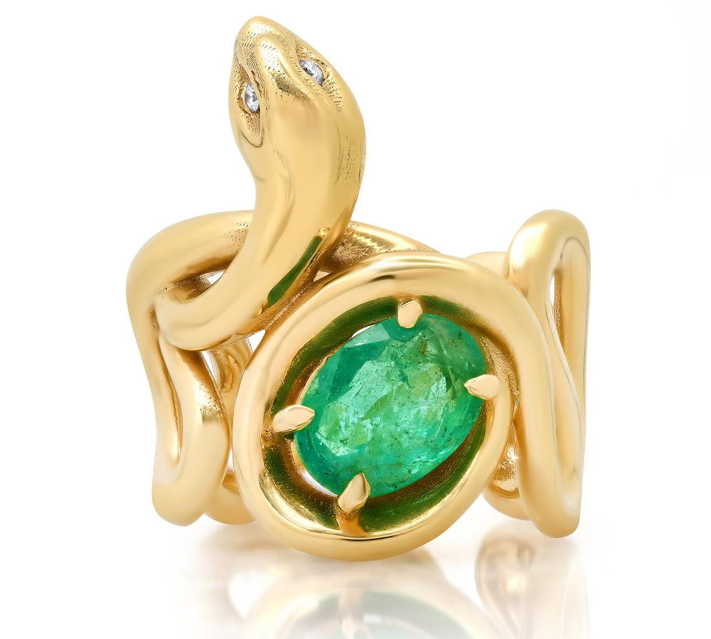 Stone Snake Ring with Diamond Eyes Statement Elisabeth Bell Jewelry Emerald 6 