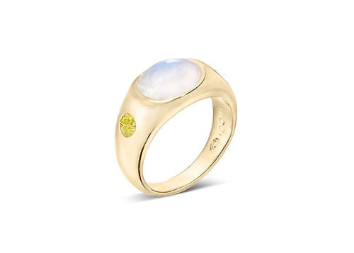 The Jeanie Ring Statement Lelamooi Moonstone and Yellow Sapphire Size 6.75  