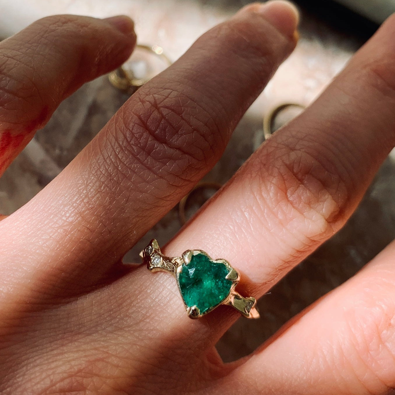 Emerald Heart with Twinkling Diamond Thorns Ring Ring Jaine K Designs