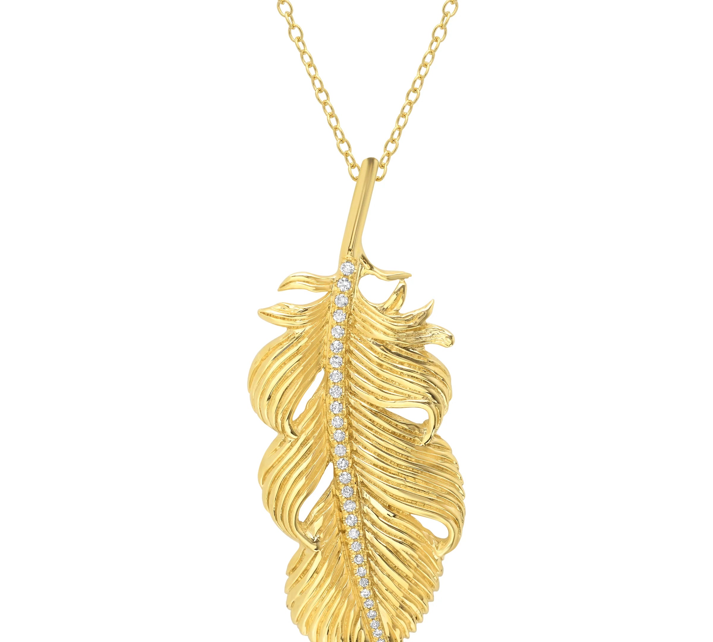 Large Feather Necklace Pendant Elisabeth Bell Jewelry Yellow Gold  