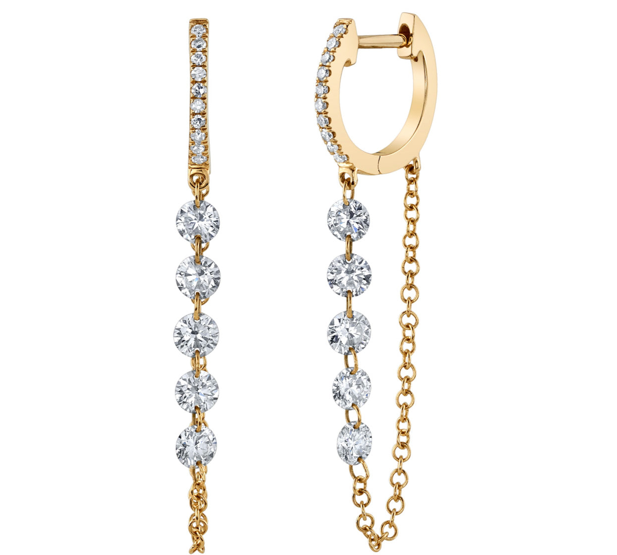 5-Diamond Chain Drop Huggie Drop Earrings Roseark Deux Pair Yellow Gold 