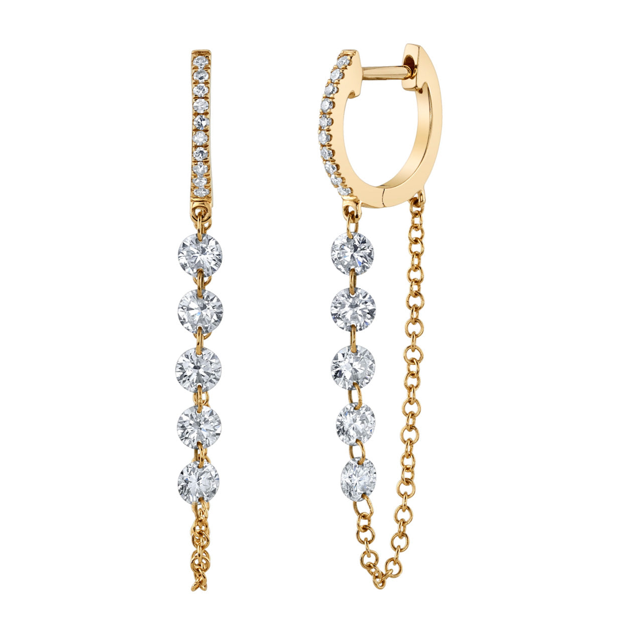 5-Diamond Chain Drop Huggie Drop Earrings Roseark Deux Pair Yellow Gold 