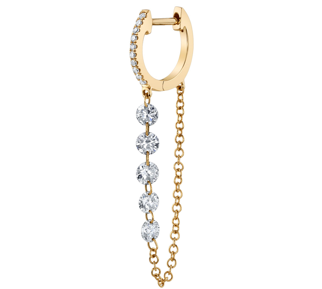 5-Diamond Chain Drop Huggie Drop Earrings Roseark Deux Single Yellow Gold 