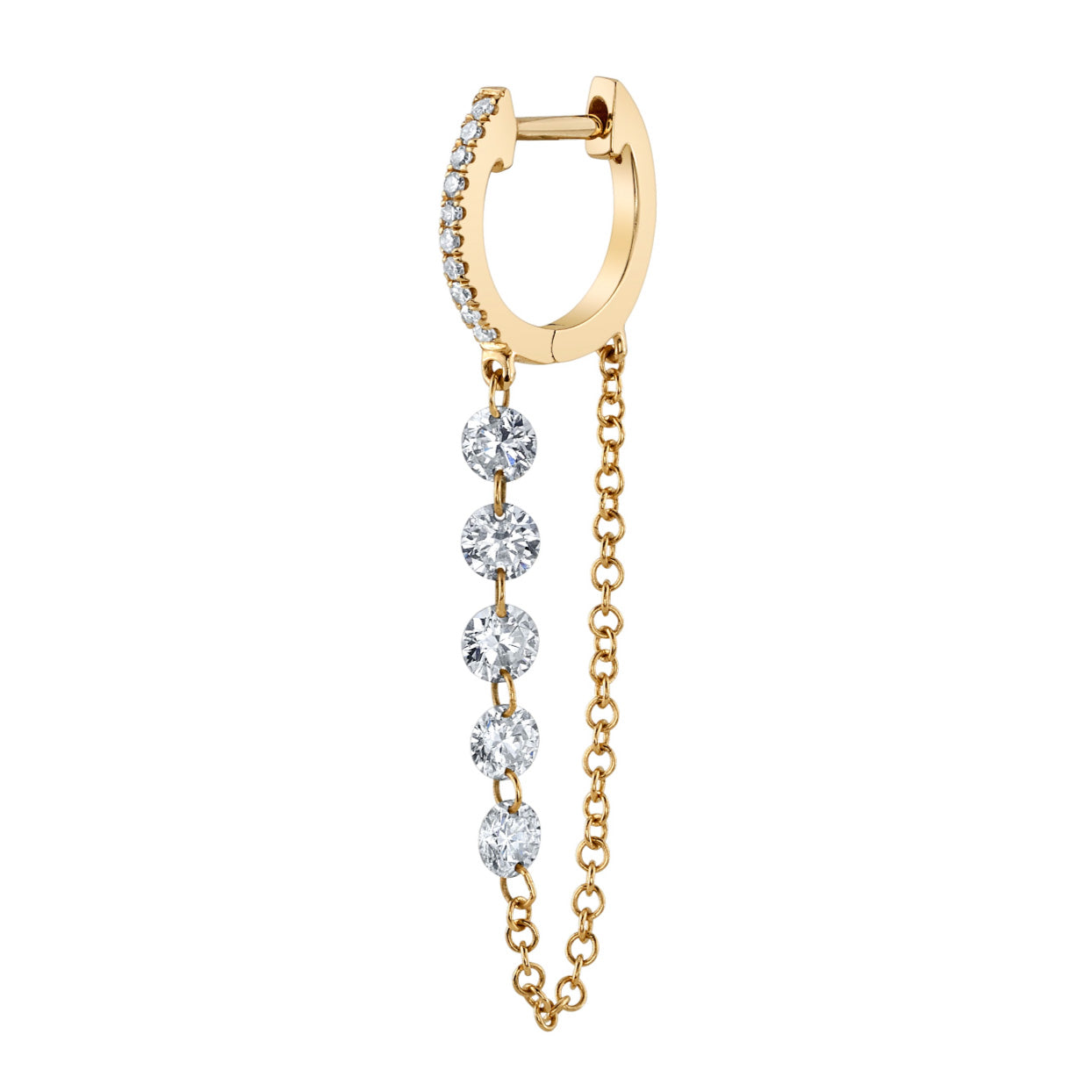 5-Diamond Chain Drop Huggie Drop Earrings Roseark Deux Single Yellow Gold 