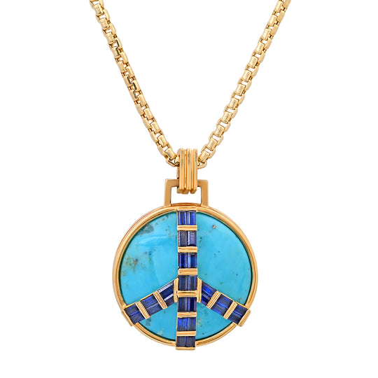 Midsize Peace Pendant in Turquoise and Blue Sapphire Pendant Helena Rose Jewelry 18" Chain  