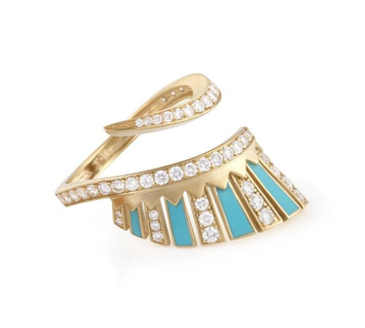 Turquoise Enamel Ethnic Ring with Diamonds Cocktail Falamank   