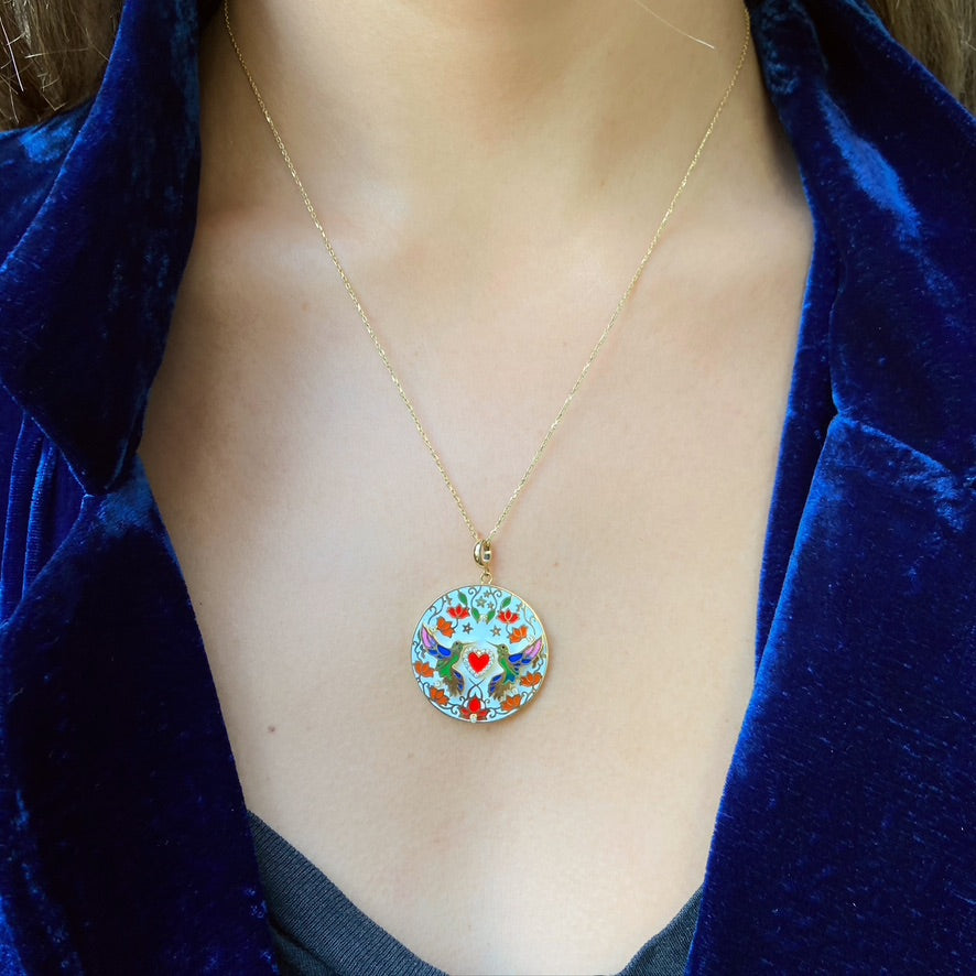 Hummingbird Heart Necklace, Colored Enamel, White Diamonds, Yellow Gold Pendant Latelier Nawbar   