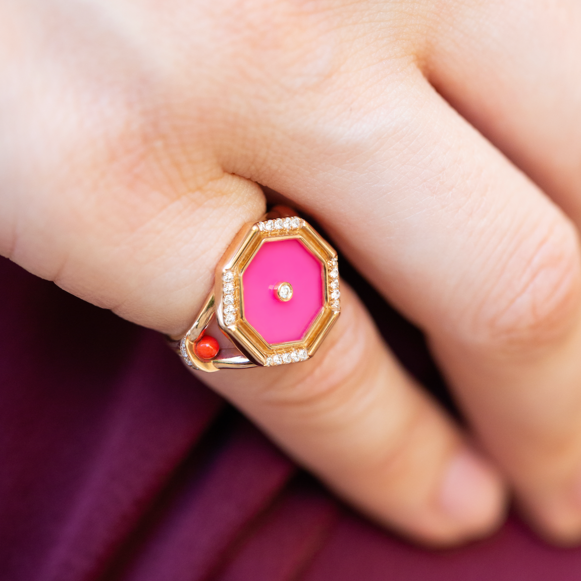 Hexagon Amulet Pinky Ring, Pink Agate Cocktail Latelier Nawbar   
